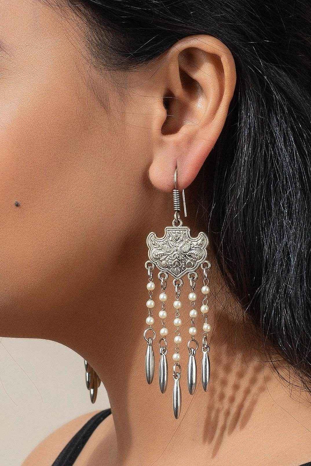 Exquisite Handmade Design German Silver Dangle with 5 Lines Pearl Earrings for Any Occasion - Lookandadorn.com