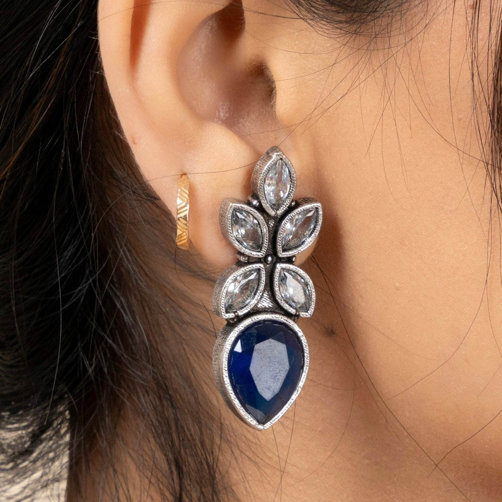 Oxidized Silver Dangle Earrings with White and Blue Cubic Zirconia, Lightweight and Elegant Design - Lookandadorn.com