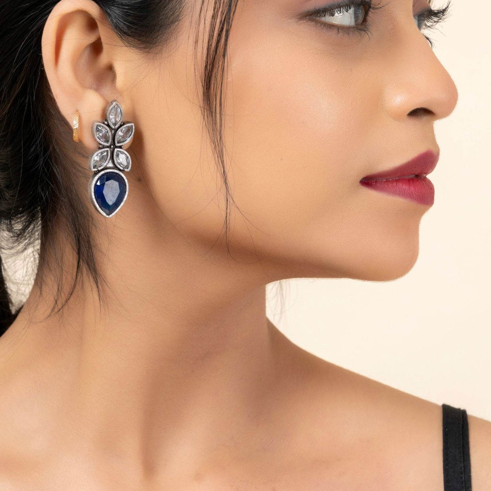 Oxidized Silver Dangle Earrings with White and Blue Cubic Zirconia, Lightweight and Elegant Design - Lookandadorn.com