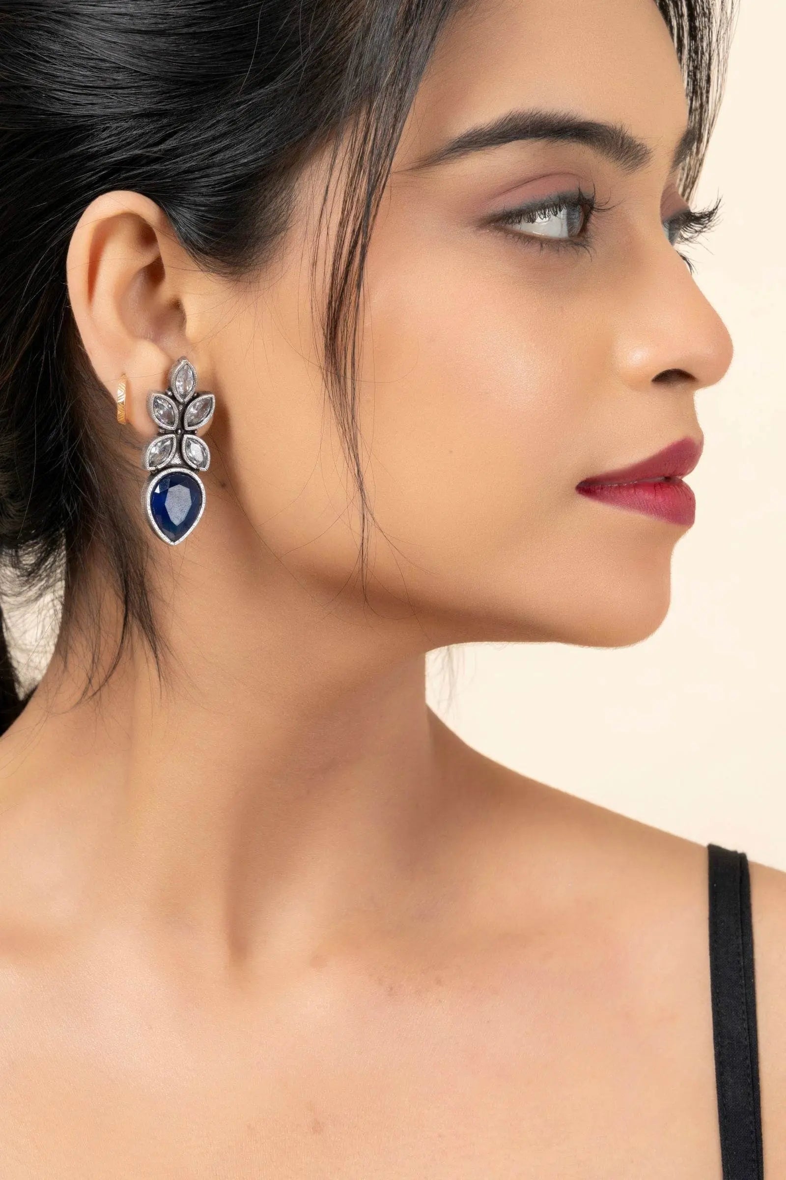 Oxidized Silver Dangle Earrings with White and Blue Cubic Zirconia, Lightweight and Elegant Design - Lookandadorn.com