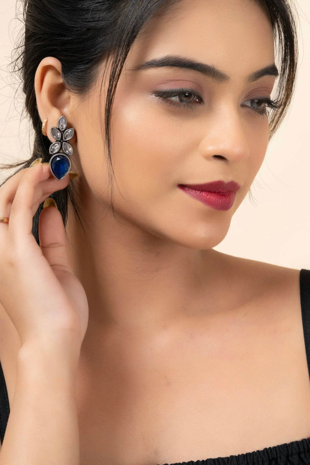 Oxidized Silver Dangle Earrings with White and Blue Cubic Zirconia, Lightweight and Elegant Design - Lookandadorn.com