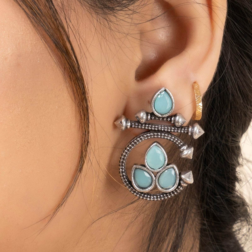Oxidized Silver Designer Aqua Stud Earrings with Elegant Gemstone for Daily and Occasion Wear - Lookandadorn.com