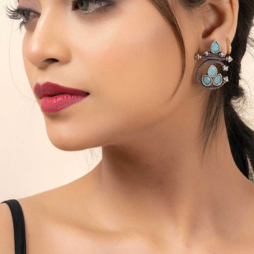 Oxidized Silver Designer Aqua Stud Earrings with Elegant Gemstone for Daily and Occasion Wear - Lookandadorn.com
