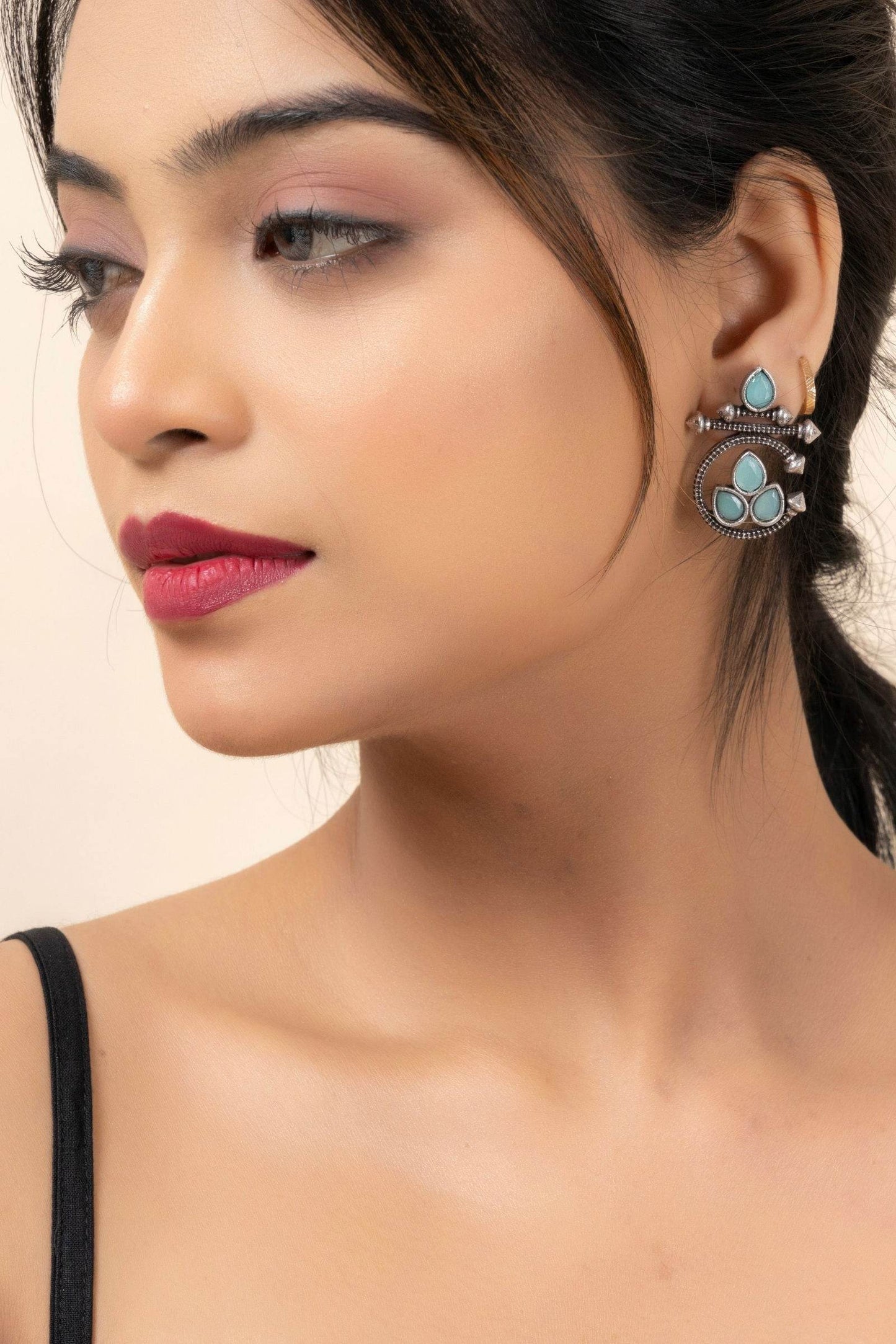 Oxidized Silver Designer Aqua Stud Earrings with Elegant Gemstone for Daily and Occasion Wear - Lookandadorn.com