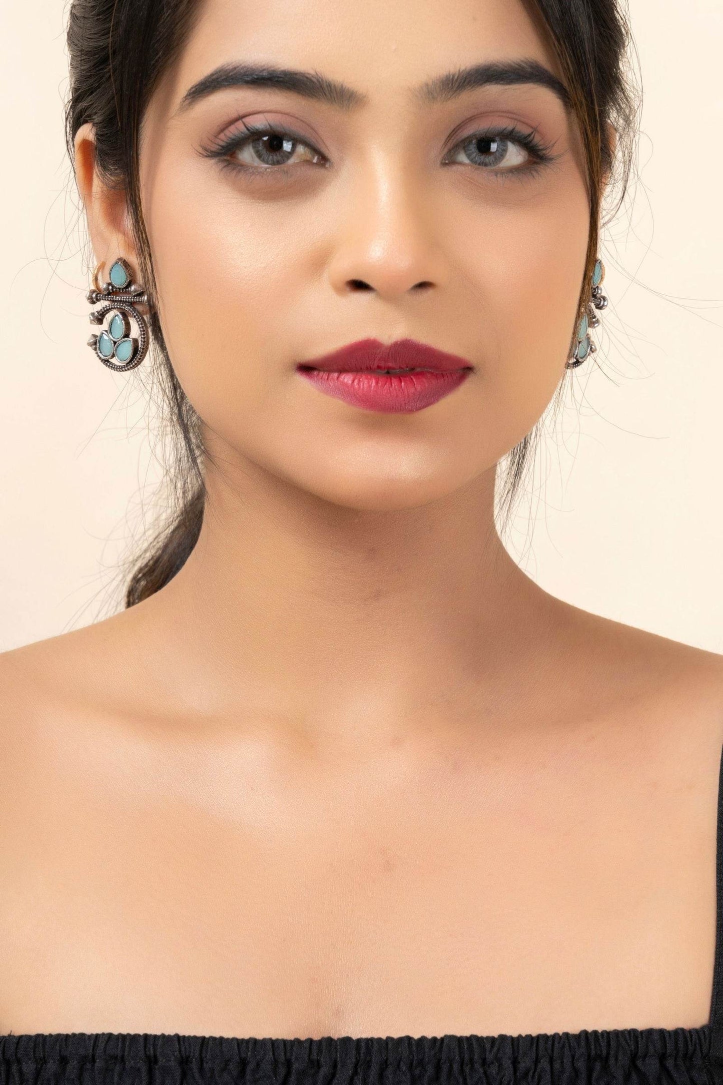 Oxidized Silver Designer Aqua Stud Earrings with Elegant Gemstone for Daily and Occasion Wear - Lookandadorn.com