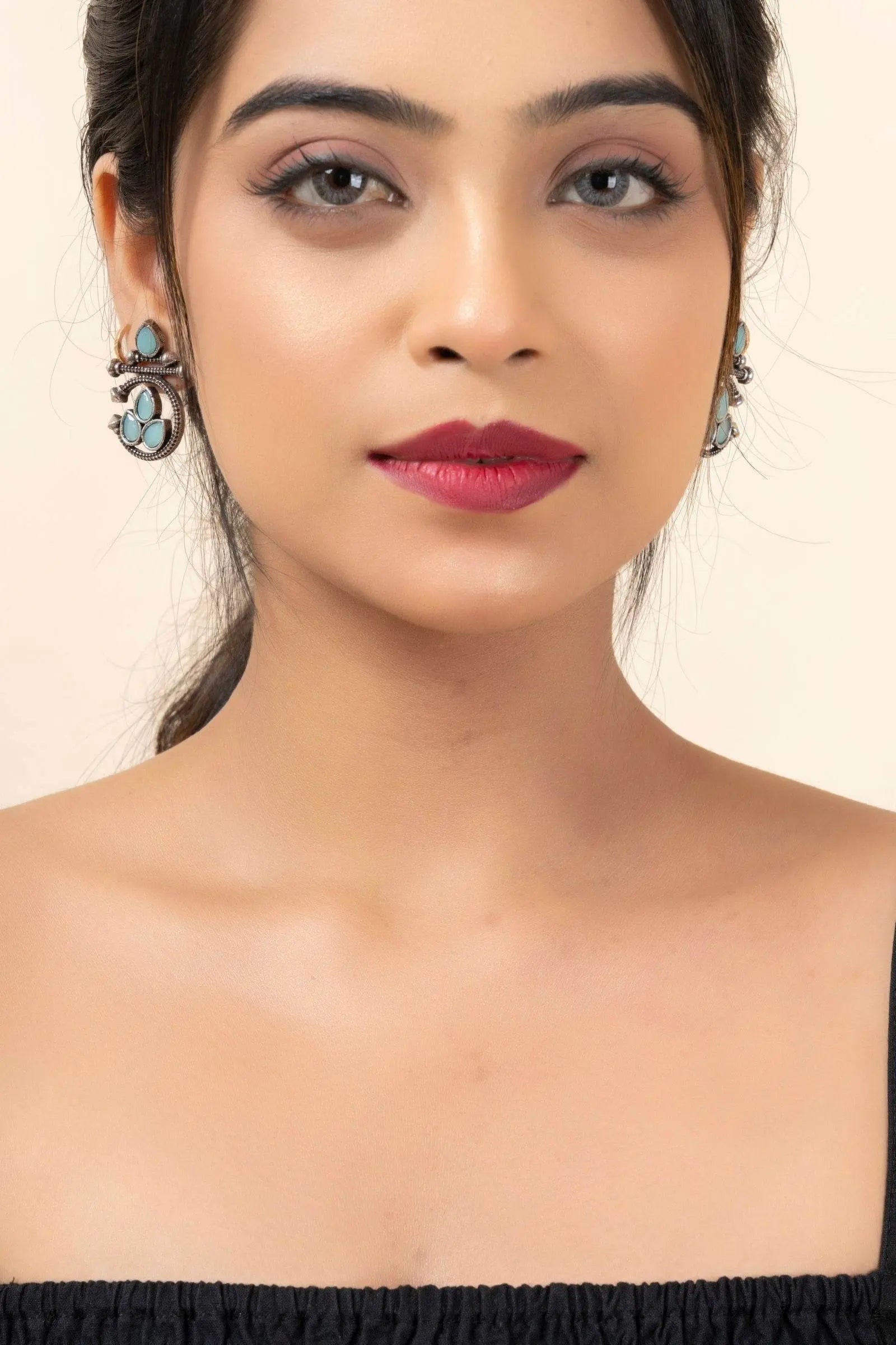 Oxidized Silver Designer Aqua Stud Earrings with Elegant Gemstone for Daily and Occasion Wear - Lookandadorn.com