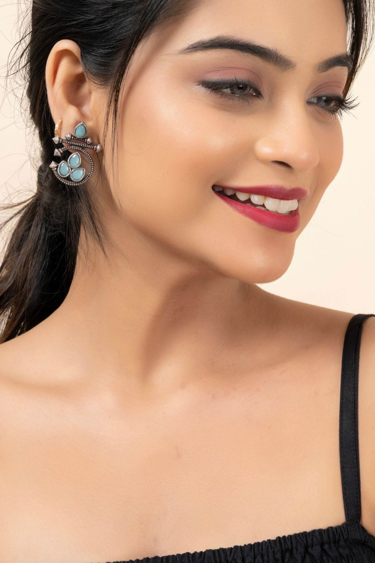 Oxidized Silver Designer Aqua Stud Earrings with Elegant Gemstone for Daily and Occasion Wear - Lookandadorn.com