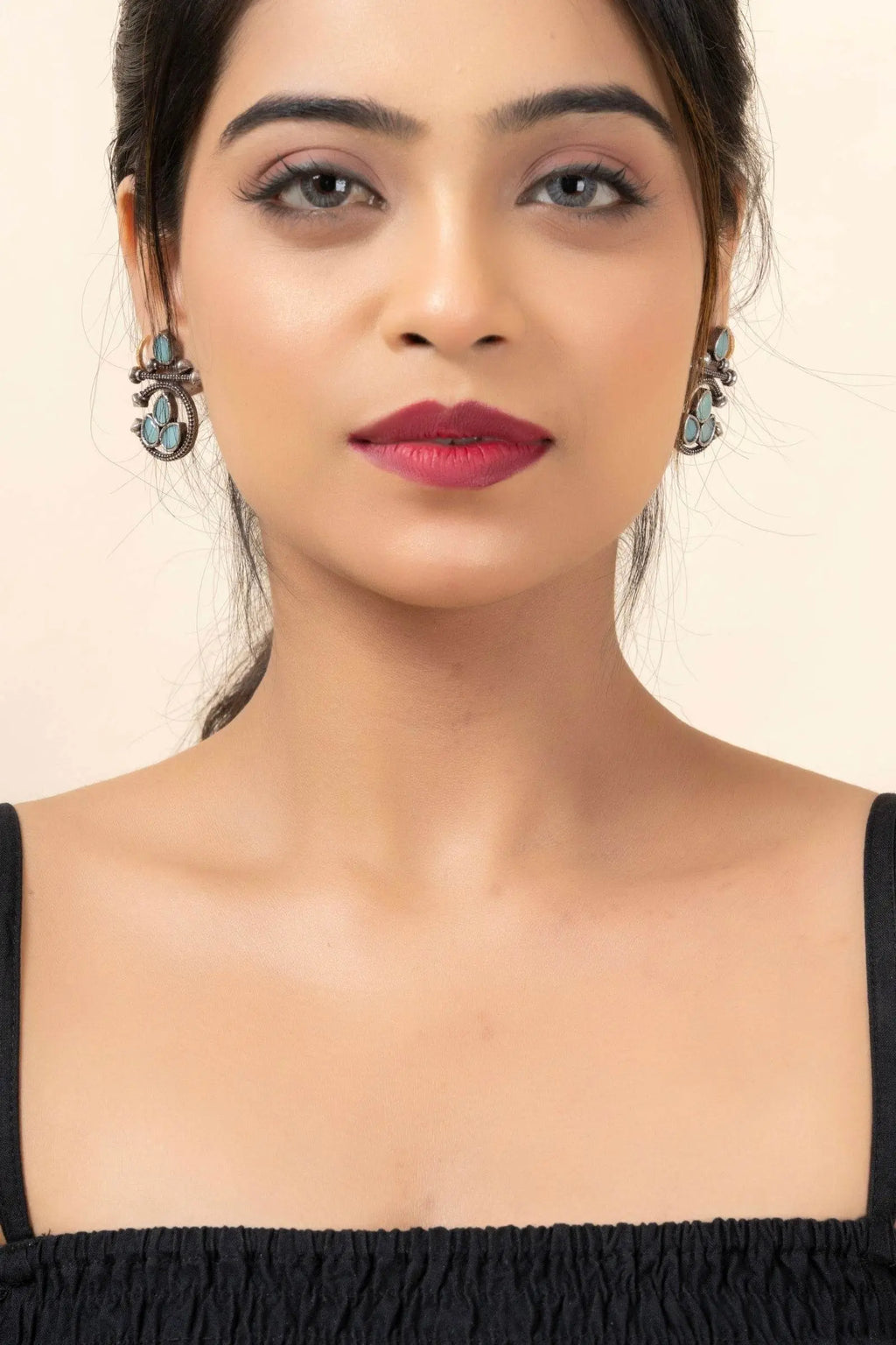 Oxidized Silver Designer Aqua Stud Earrings with Elegant Gemstone for Daily and Occasion Wear - Lookandadorn.com