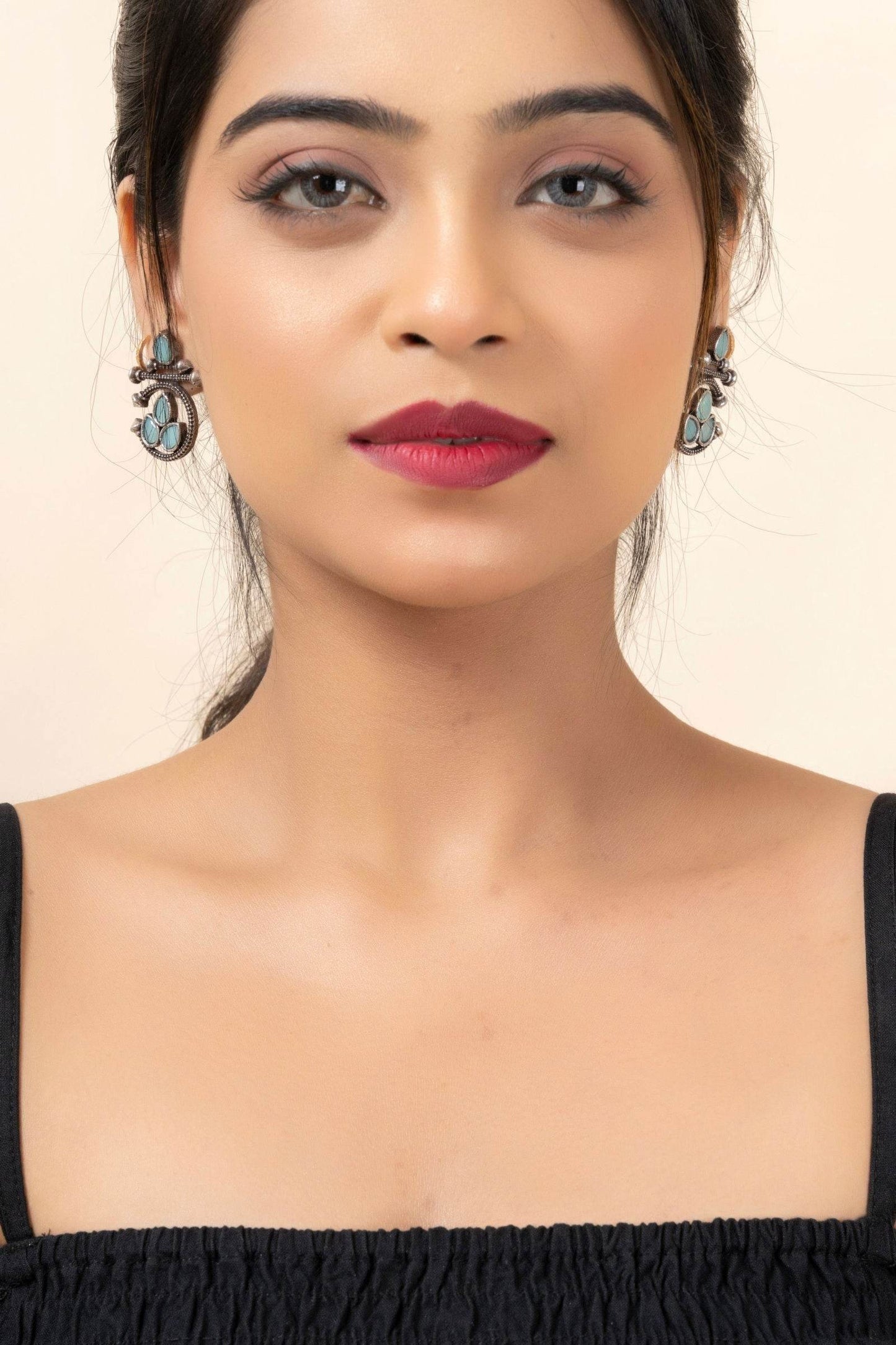 Oxidized Silver Designer Aqua Stud Earrings with Elegant Gemstone for Daily and Occasion Wear - Lookandadorn.com