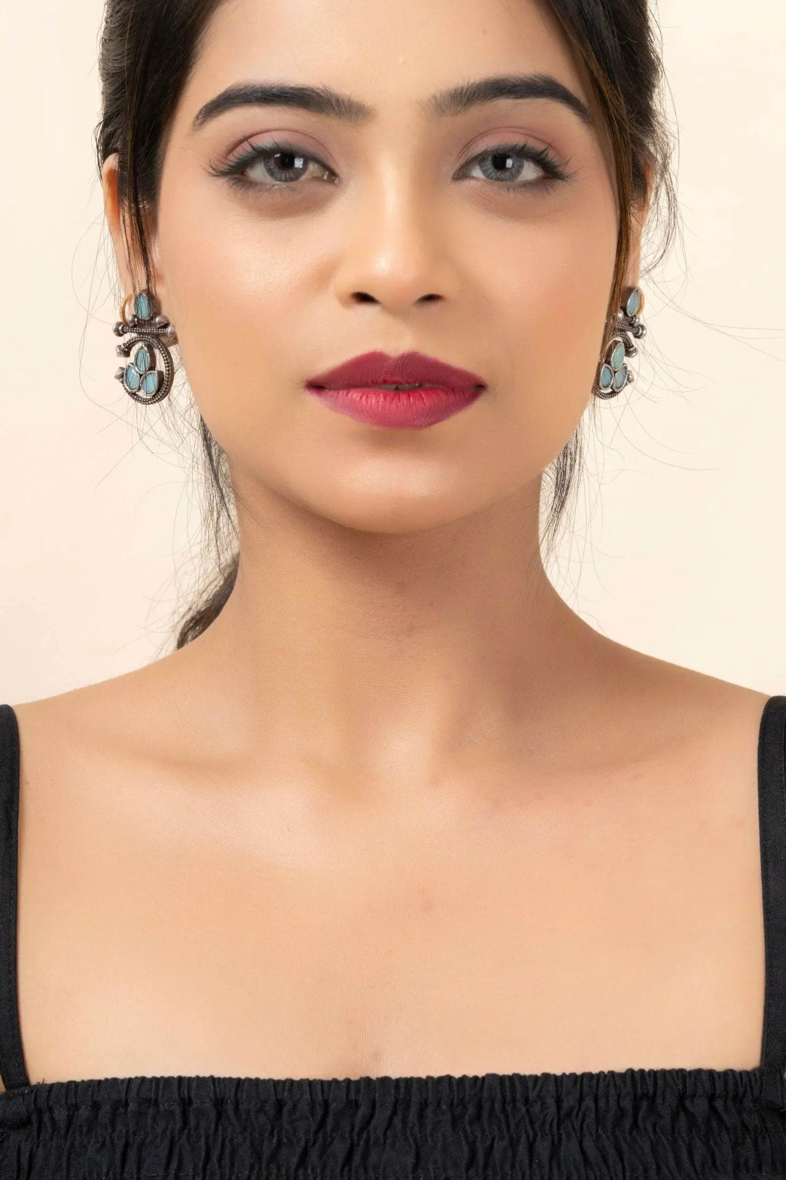 Oxidized Silver Designer Aqua Stud Earrings with Elegant Gemstone for Daily and Occasion Wear - Lookandadorn.com