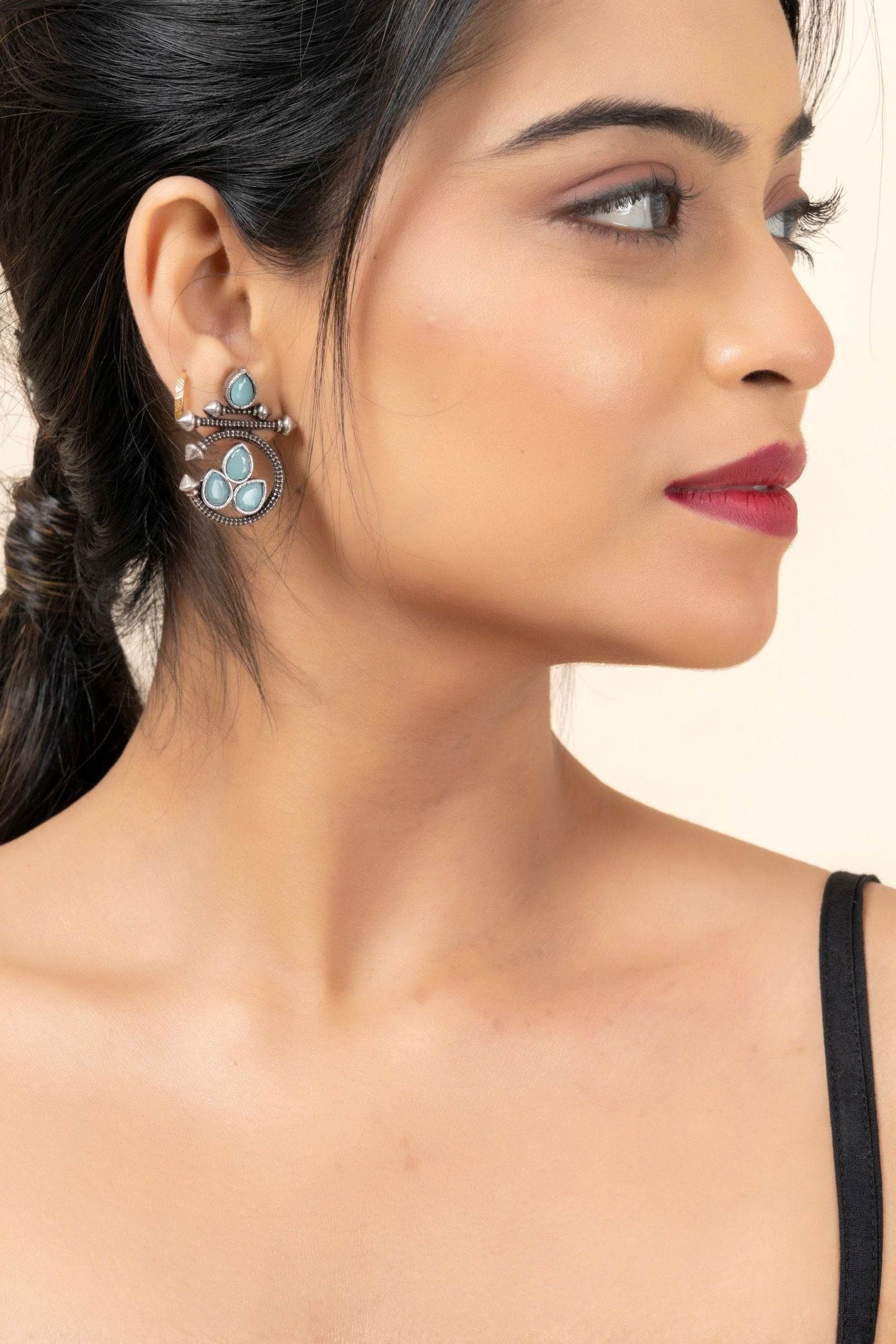 Oxidized Silver Designer Aqua Stud Earrings with Elegant Gemstone for Daily and Occasion Wear - Lookandadorn.com