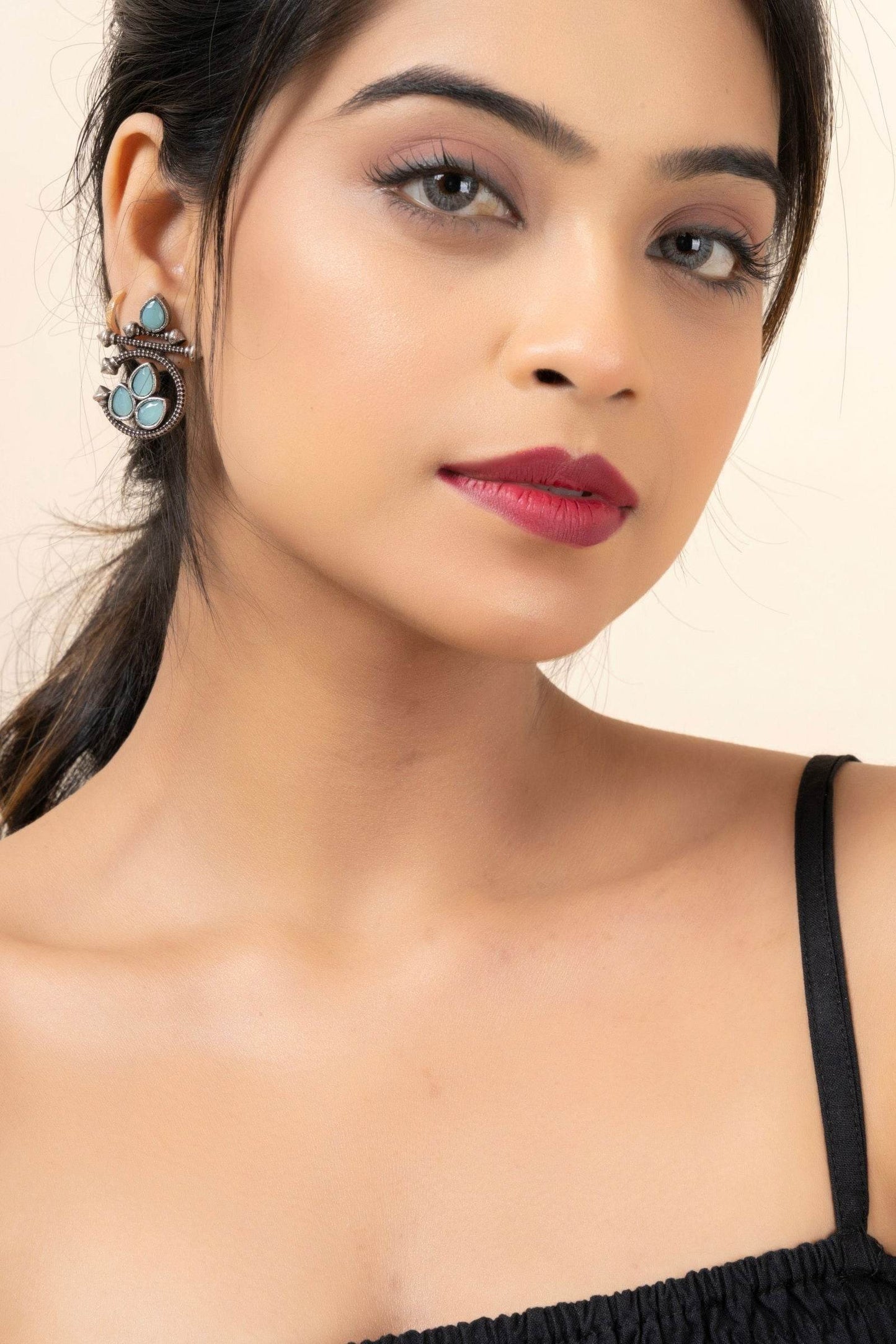 Oxidized Silver Designer Aqua Stud Earrings with Elegant Gemstone for Daily and Occasion Wear - Lookandadorn.com