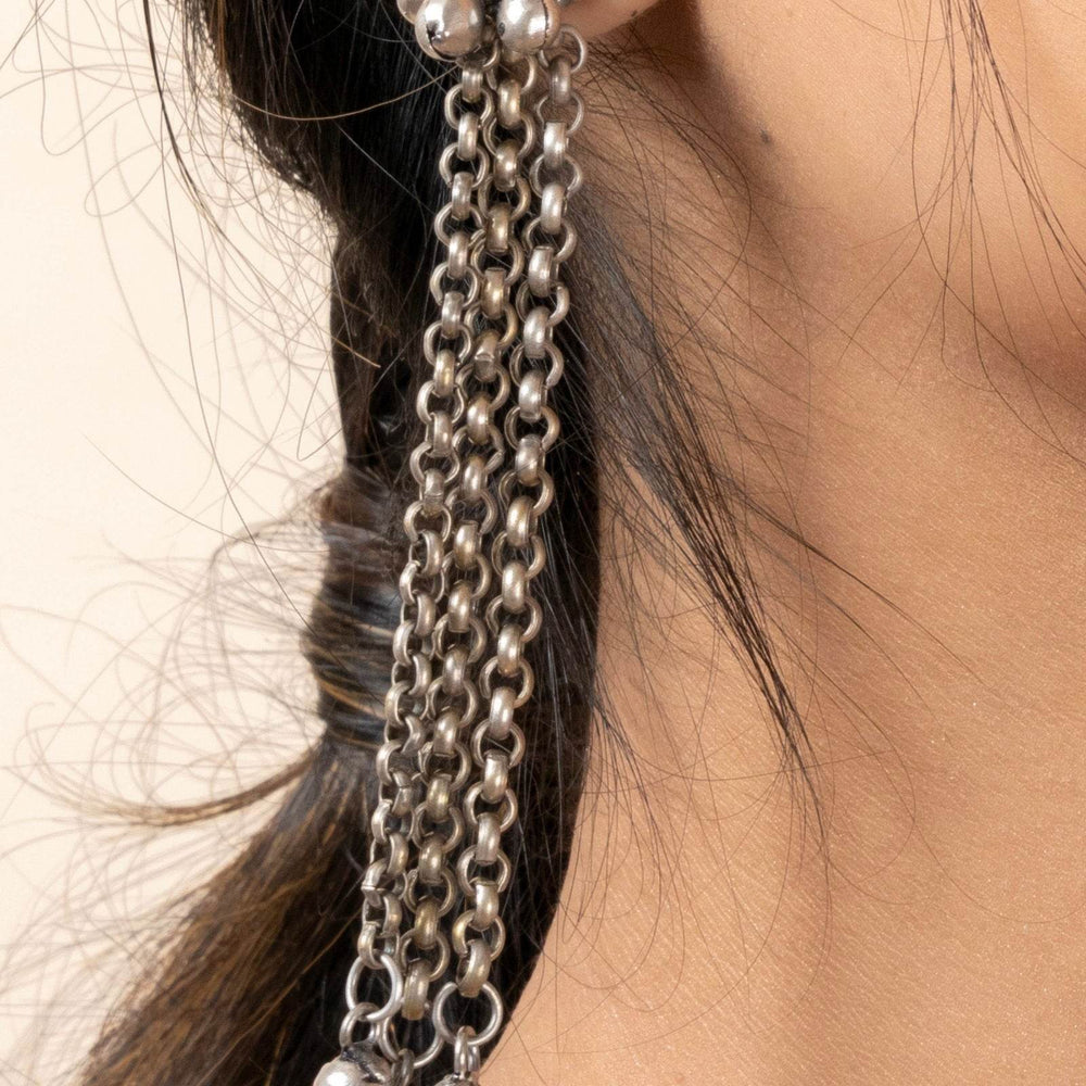 Oxidized Silver Designer Chain Ghungroo Stud Earrings for Elegant Daily Wear and Special Occasions - Lookandadorn.com