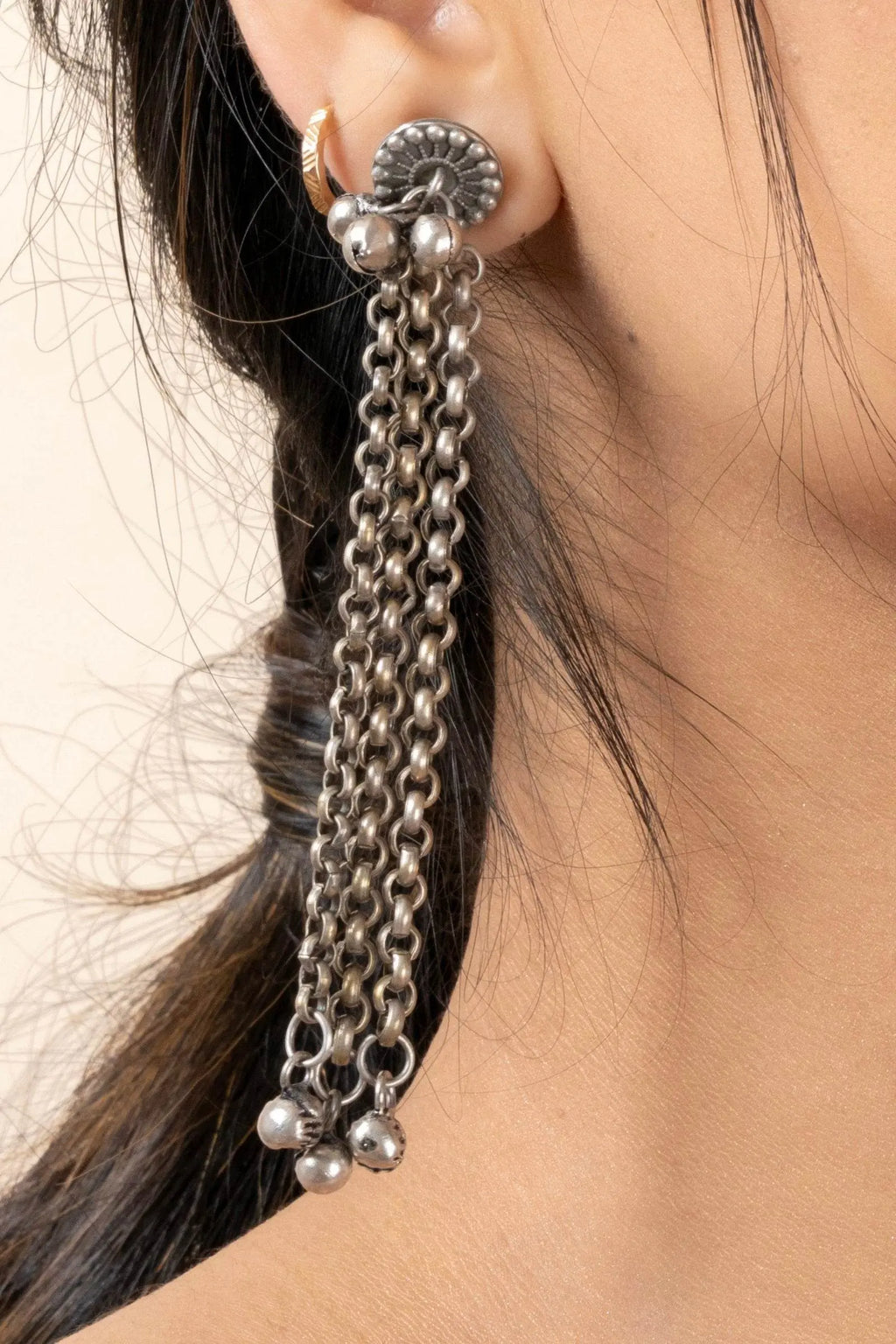 Oxidized Silver Designer Chain Ghungroo Stud Earrings for Elegant Daily Wear and Special Occasions - Lookandadorn.com