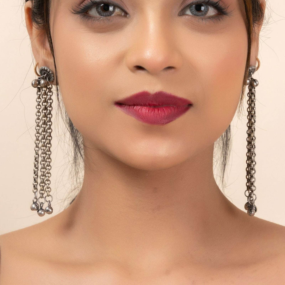 Oxidized Silver Designer Chain Ghungroo Stud Earrings for Elegant Daily Wear and Special Occasions - Lookandadorn.com