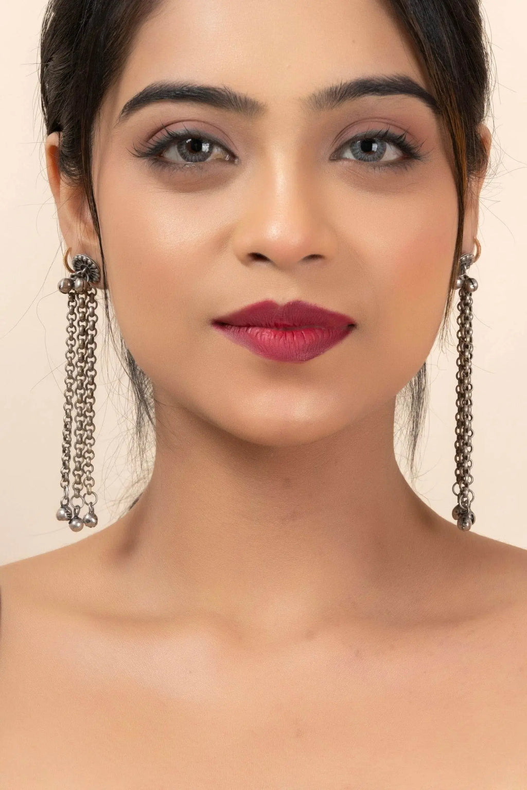 Oxidized Silver Designer Chain Ghungroo Stud Earrings for Elegant Daily Wear and Special Occasions - Lookandadorn.com