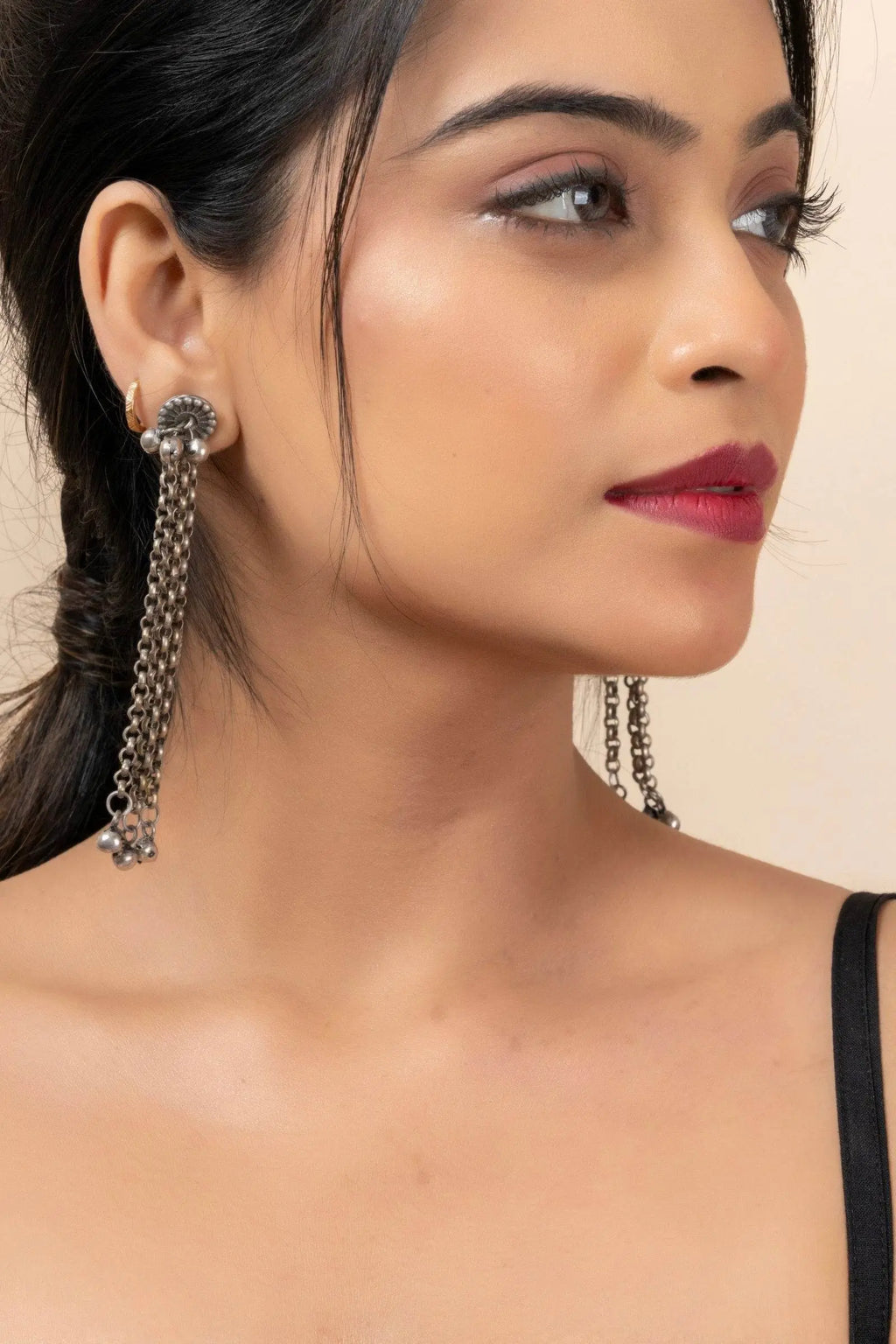Oxidized Silver Designer Chain Ghungroo Stud Earrings for Elegant Daily Wear and Special Occasions - Lookandadorn.com