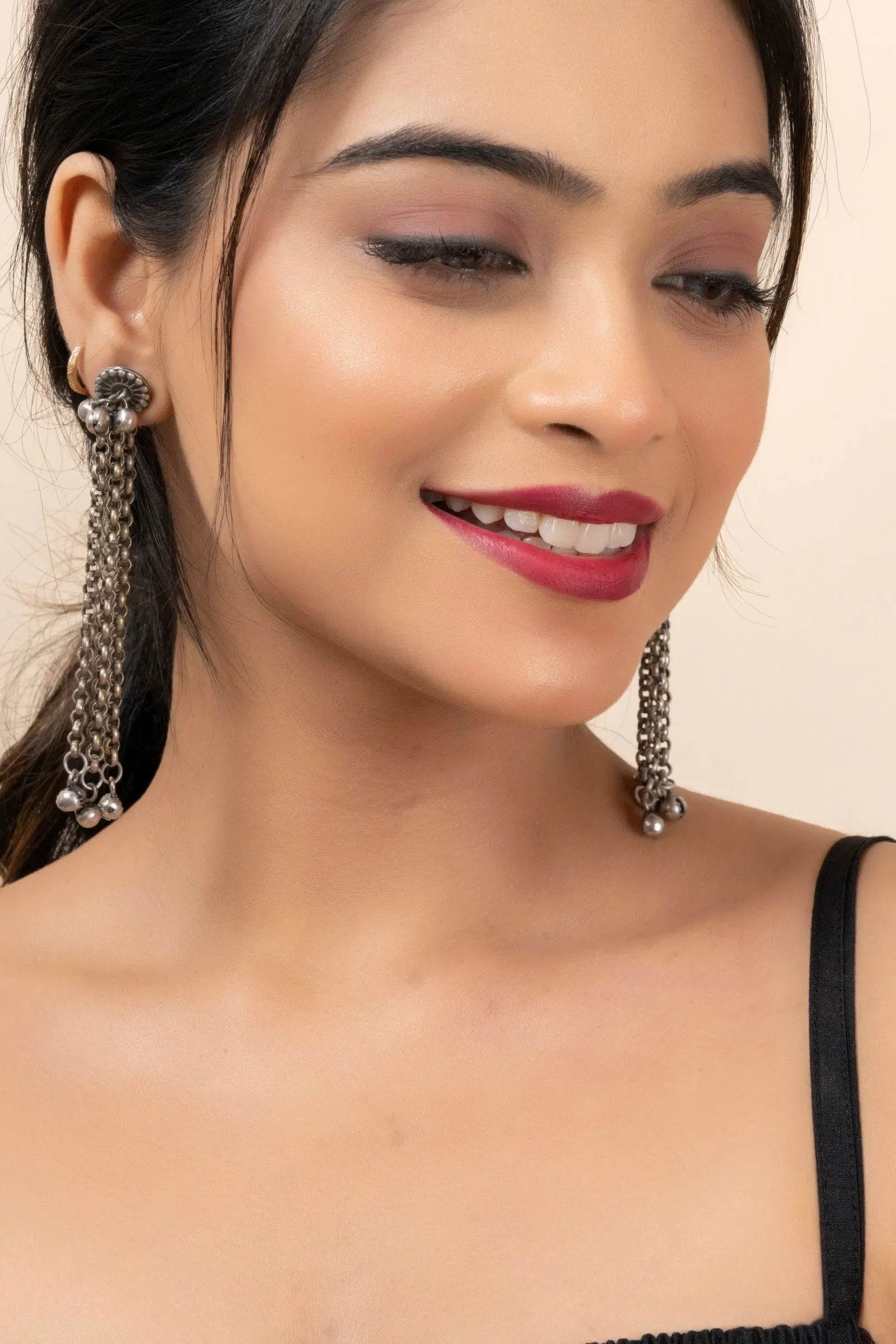 Oxidized Silver Designer Chain Ghungroo Stud Earrings for Elegant Daily Wear and Special Occasions - Lookandadorn.com