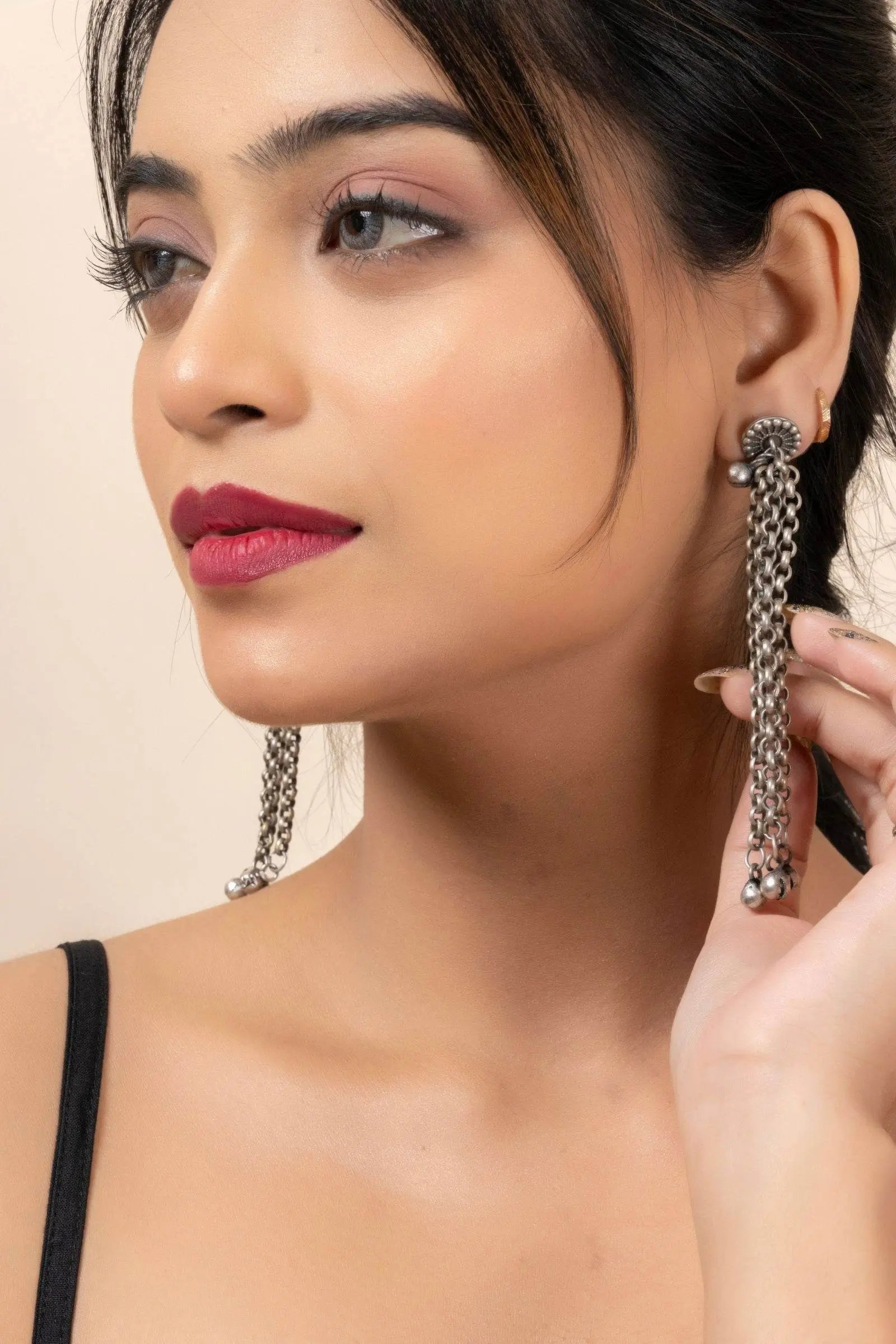 Oxidized Silver Designer Chain Ghungroo Stud Earrings for Elegant Daily Wear and Special Occasions - Lookandadorn.com