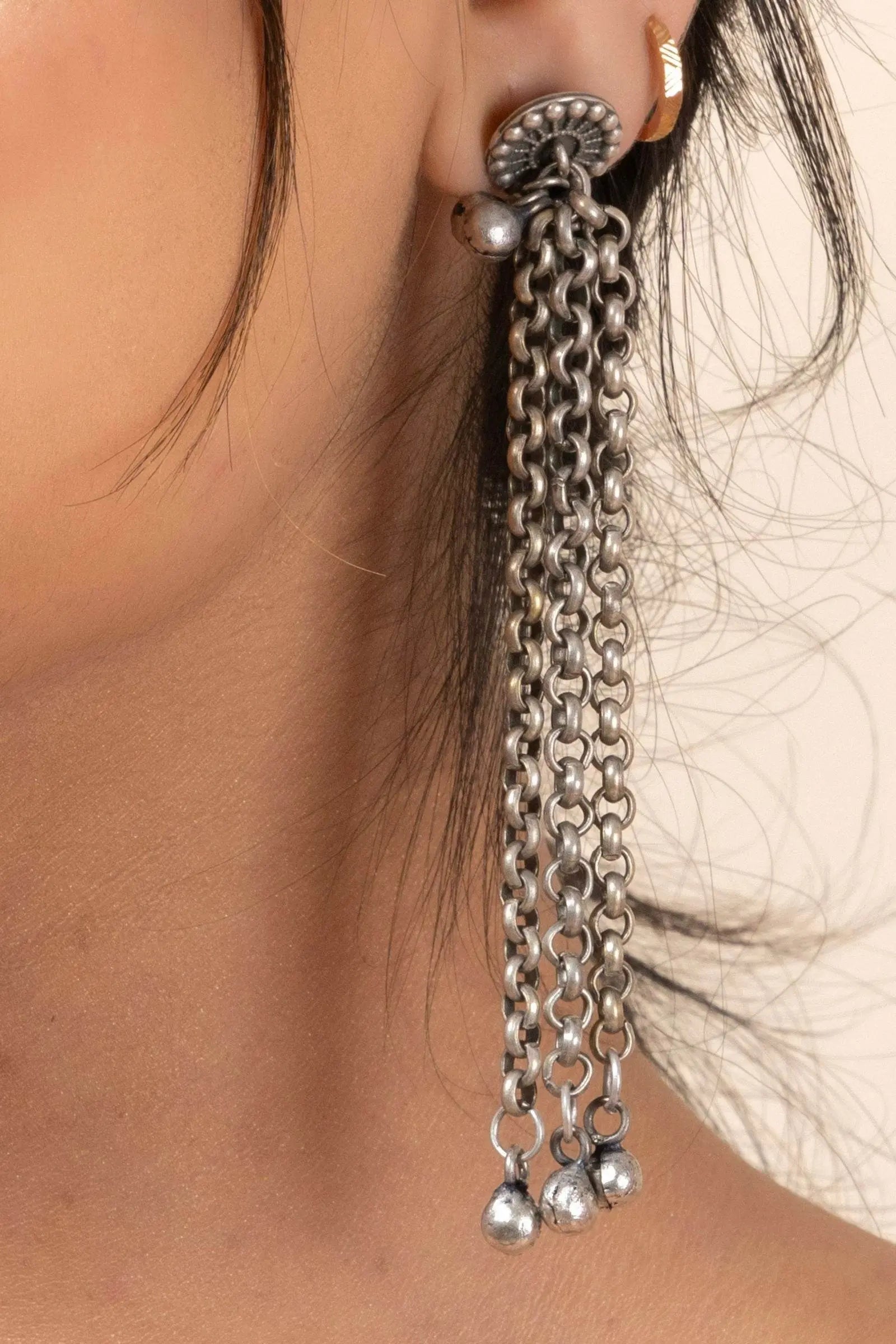 Oxidized Silver Designer Chain Ghungroo Stud Earrings for Elegant Daily Wear and Special Occasions - Lookandadorn.com