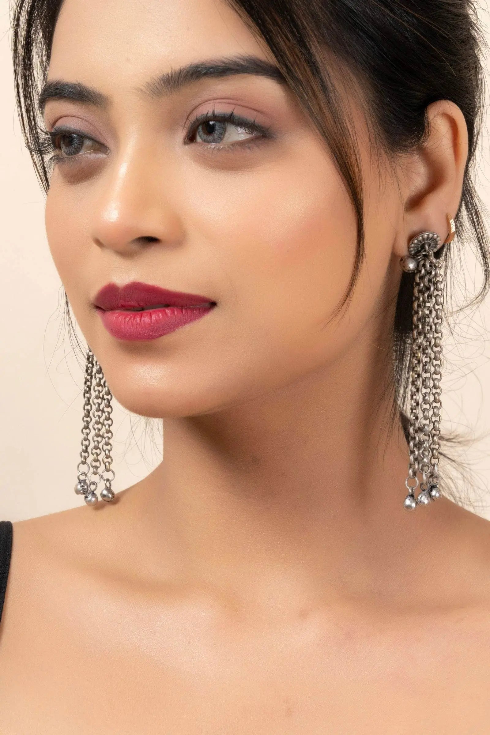 Oxidized Silver Designer Chain Ghungroo Stud Earrings for Elegant Daily Wear and Special Occasions - Lookandadorn.com