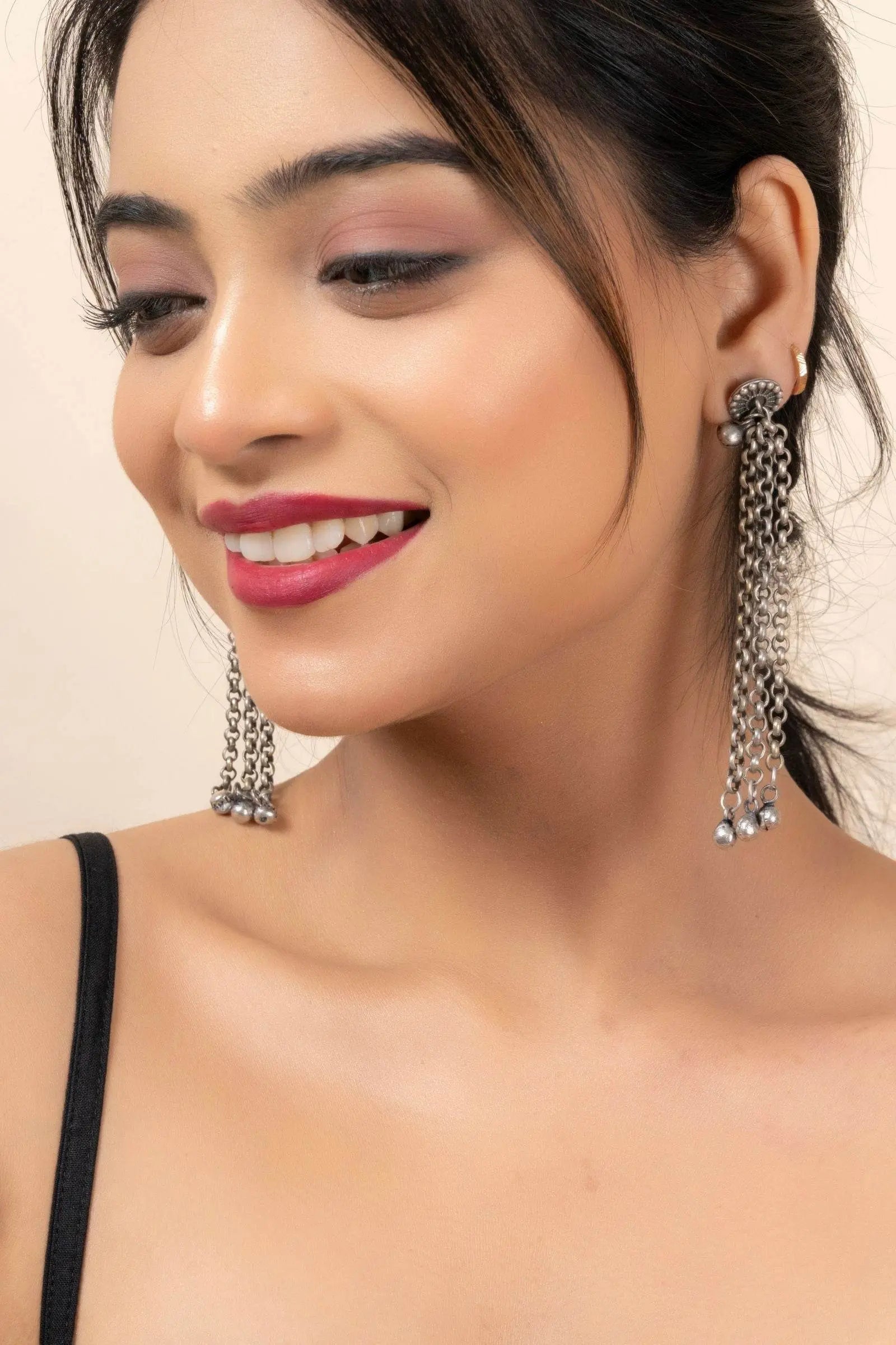 Oxidized Silver Designer Chain Ghungroo Stud Earrings for Elegant Daily Wear and Special Occasions - Lookandadorn.com