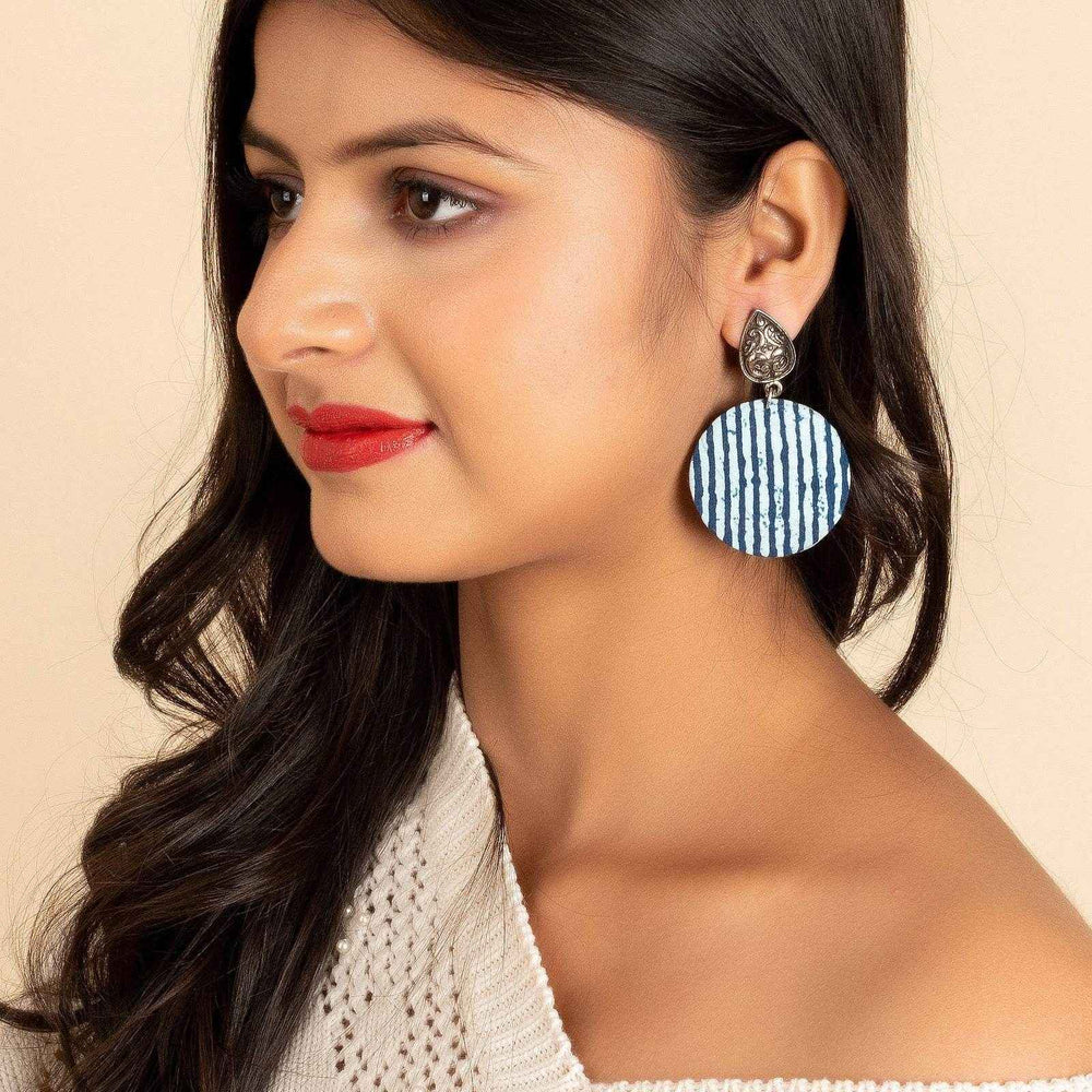 Handmade German Silver Stud Indigo Blue and White Fabric Drop Design Earrings - Non-Allergic and Safe - Lookandadorn.com