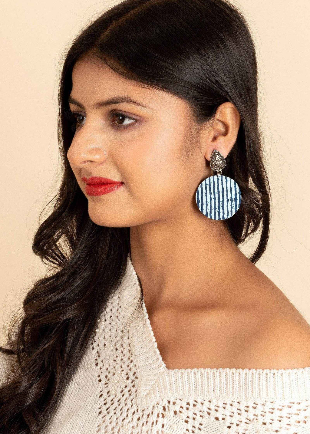 Handmade German Silver Stud Indigo Blue and White Fabric Drop Design Earrings - Non-Allergic and Safe - Lookandadorn.com