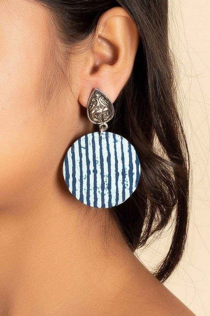 Handmade German Silver Stud Indigo Blue and White Fabric Drop Design Earrings - Non-Allergic and Safe - Lookandadorn.com