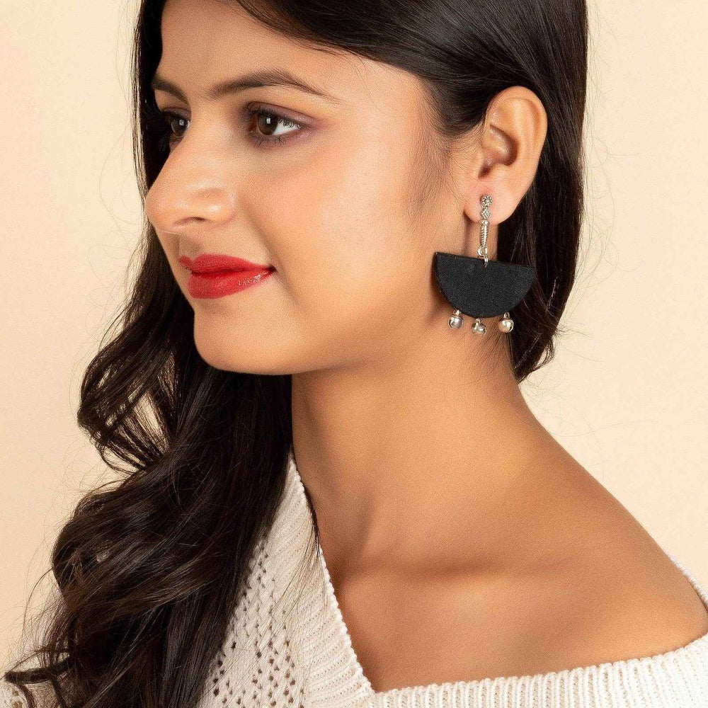 Handmade German Silver Long Stud with Black Fabric Ghungroo Earrings, Non-Allergic Design - Lookandadorn.com