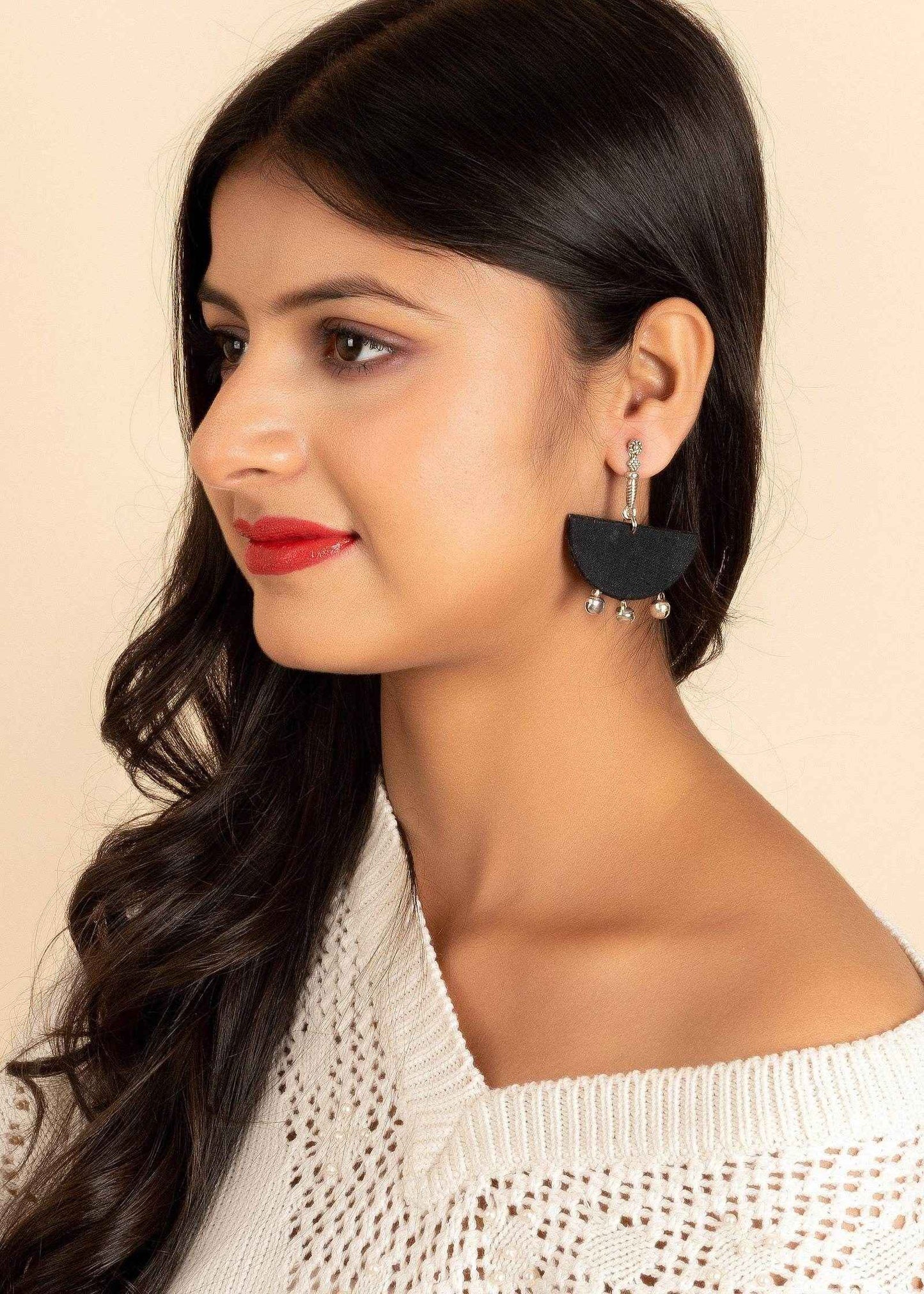 Handmade German Silver Long Stud with Black Fabric Ghungroo Earrings, Non-Allergic Design - Lookandadorn.com