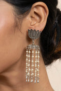 Handmade German Silver Lotus Stud Jhumka Earrings with Pearl Chain