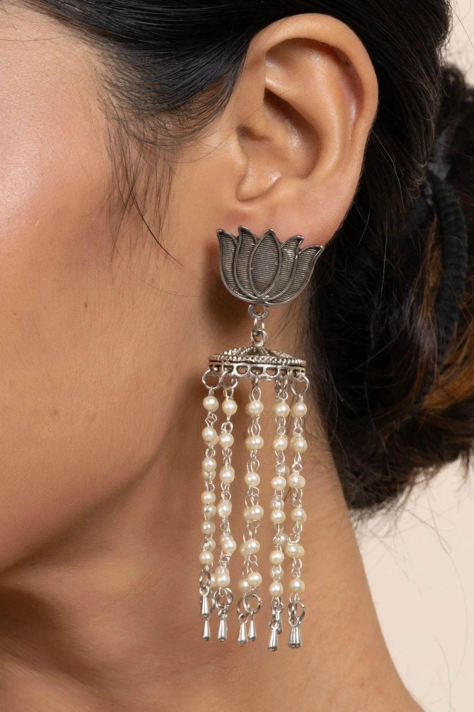 Handmade German Silver Lotus Stud Jhumka Earrings with Pearl Chain