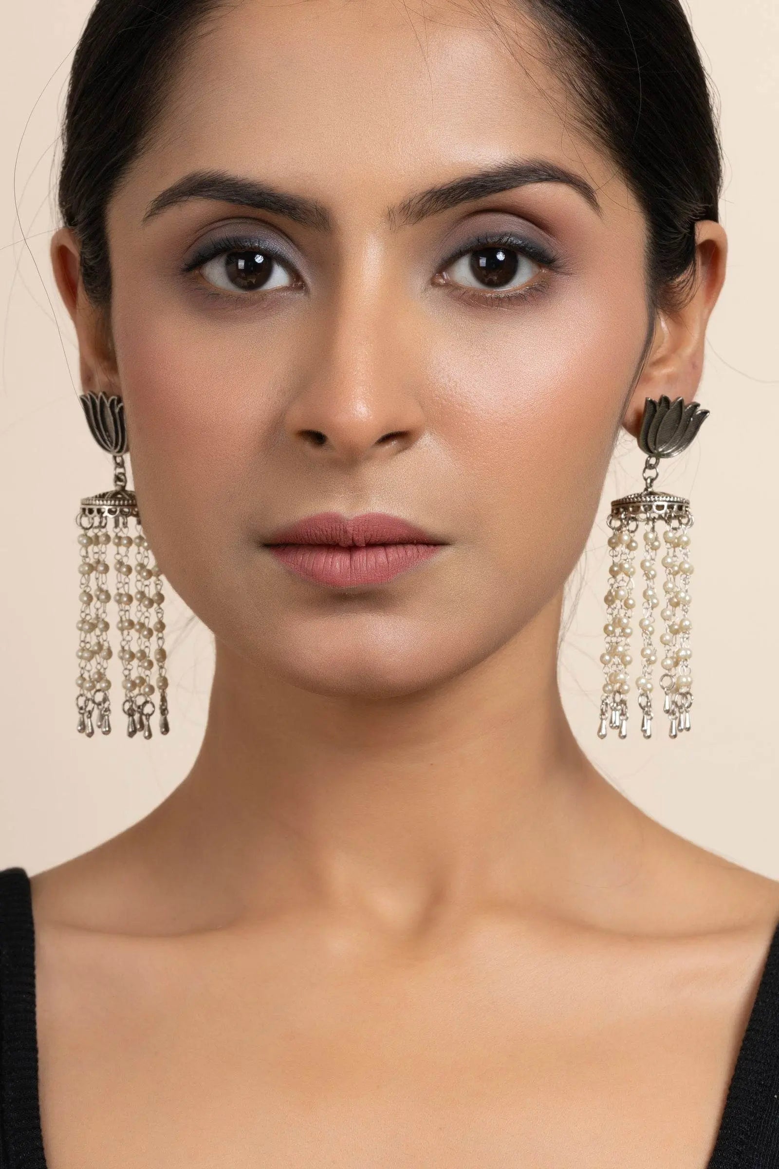 Handmade German Silver Lotus Stud with Pearl Chain Jhumka Earrings, Unique Design for All Occasions - Lookandadorn.com