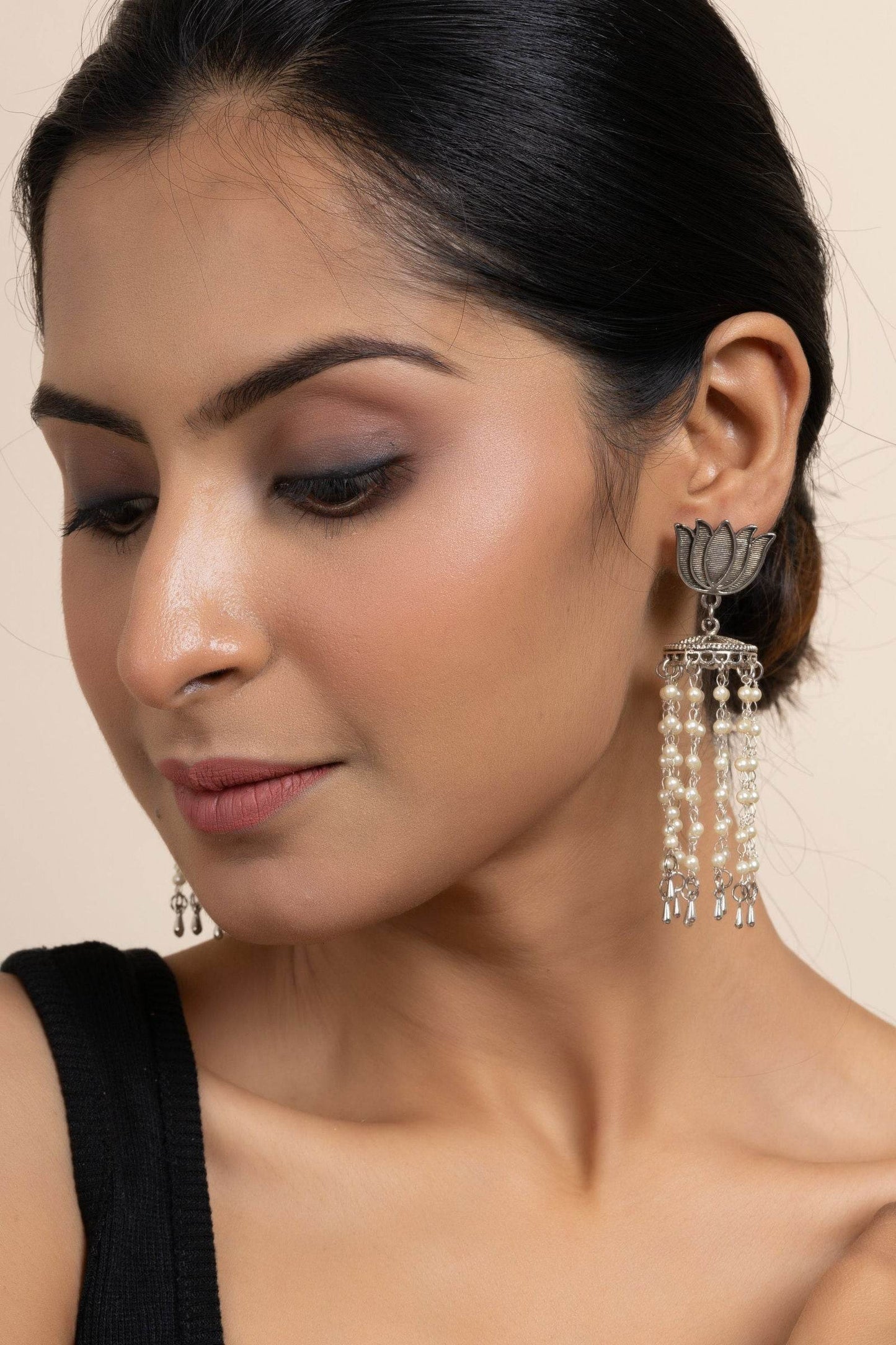 Handmade German Silver Lotus Stud with Pearl Chain Jhumka Earrings, Unique Design for All Occasions - Lookandadorn.com