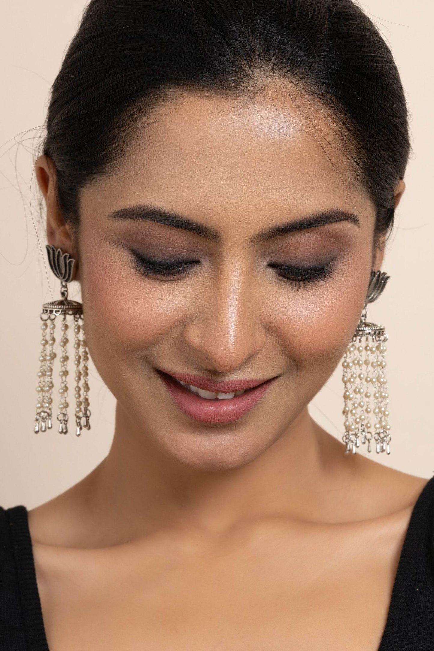 Handmade German Silver Lotus Stud with Pearl Chain Jhumka Earrings, Unique Design for All Occasions - Lookandadorn.com