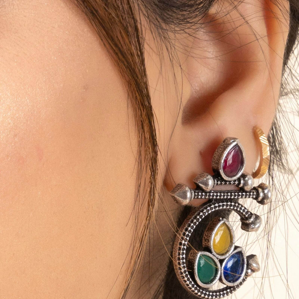 Oxidized Silver Multicolor Gemstone Stud Earrings - Unique Designer Jewelry - Lookandadorn.com