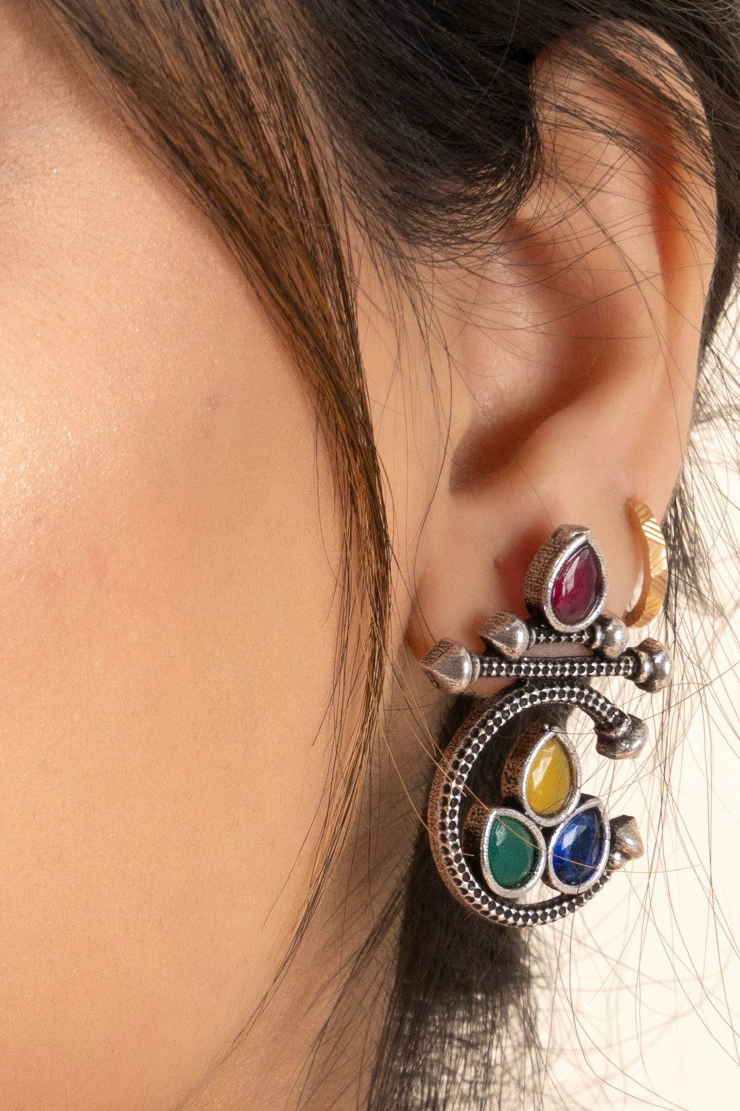 Oxidized Silver Multicolor Gemstone Stud Earrings - Unique Designer Jewelry - Lookandadorn.com