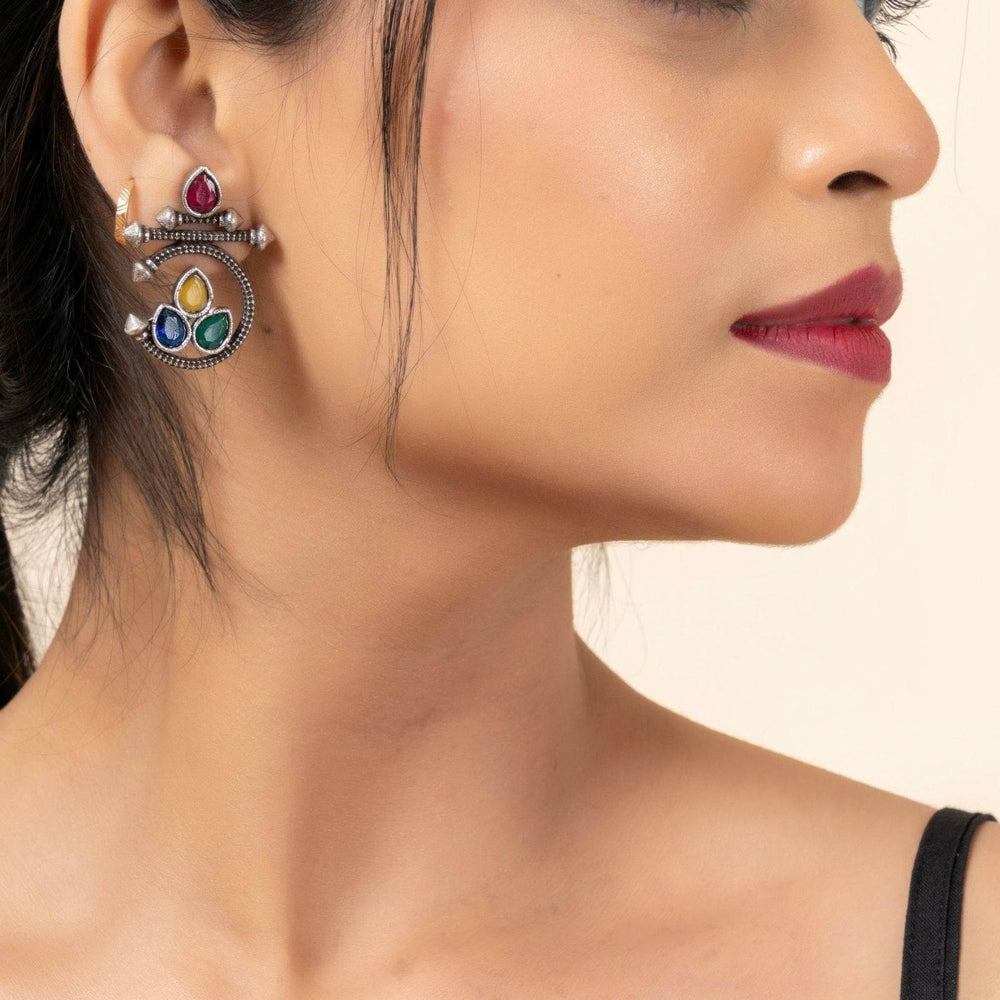 Oxidized Silver Multicolor Gemstone Stud Earrings - Unique Designer Jewelry - Lookandadorn.com