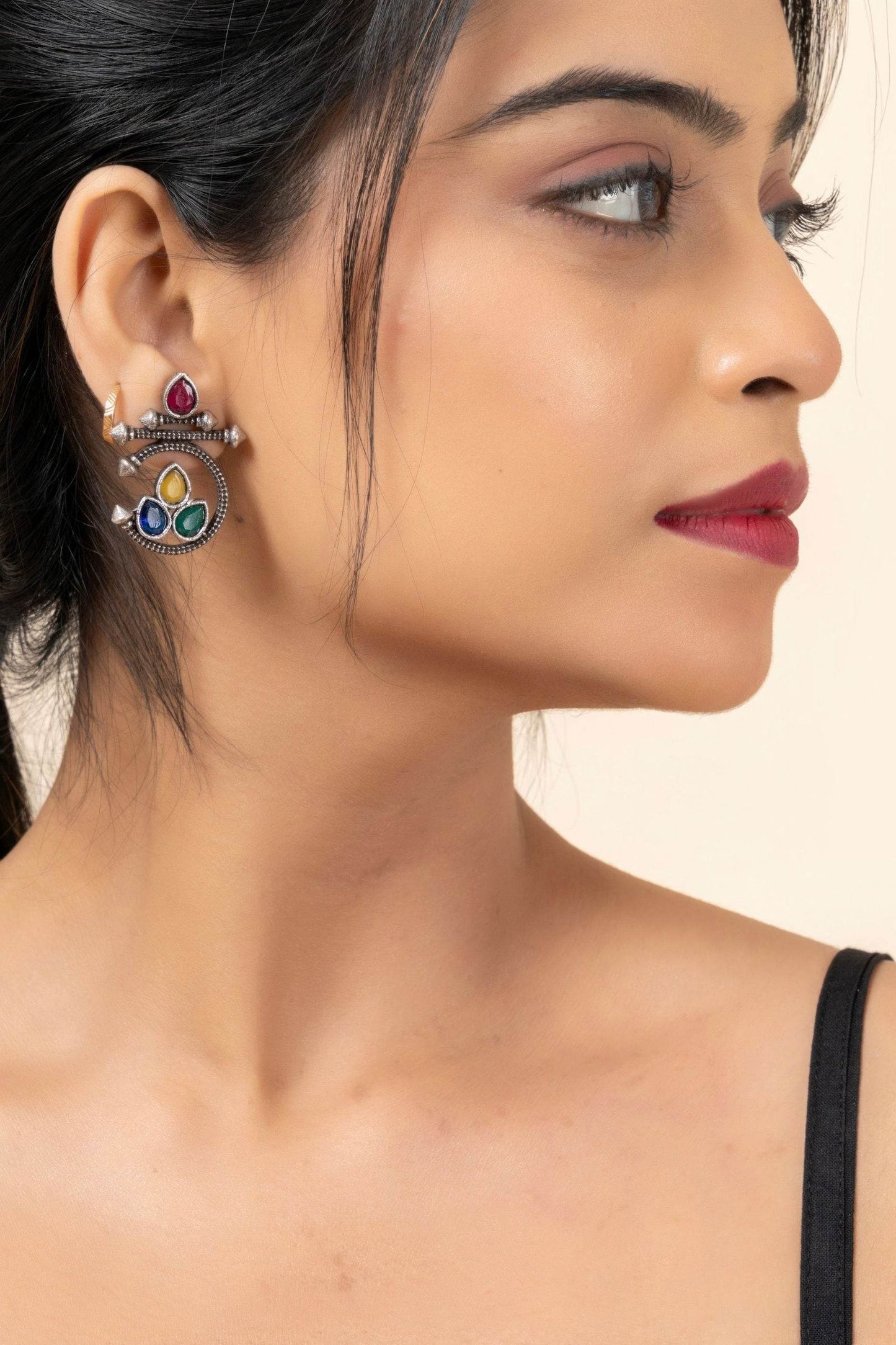 Oxidized Silver Multicolor Gemstone Stud Earrings - Unique Designer Jewelry - Lookandadorn.com