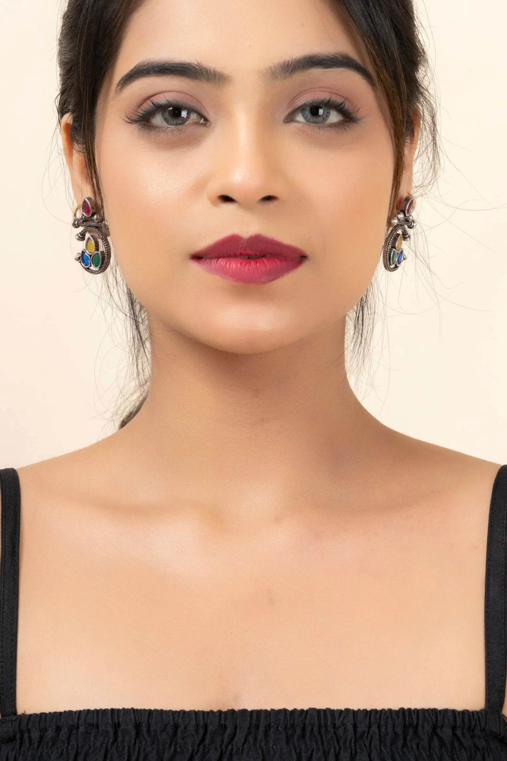 Oxidized Silver Multicolor Gemstone Stud Earrings - Unique Designer Jewelry - Lookandadorn.com