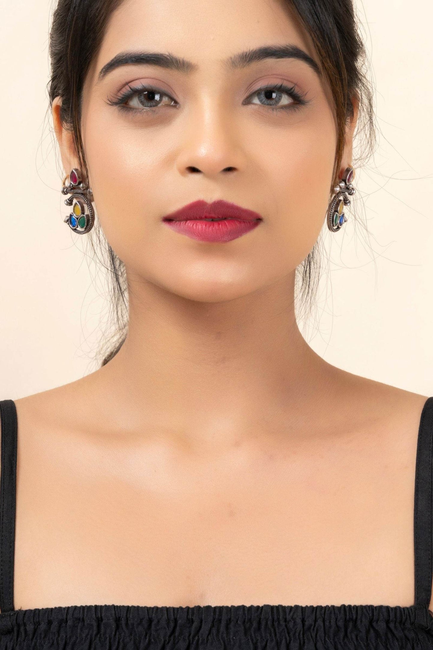 Oxidized Silver Multicolor Gemstone Stud Earrings - Unique Designer Jewelry - Lookandadorn.com