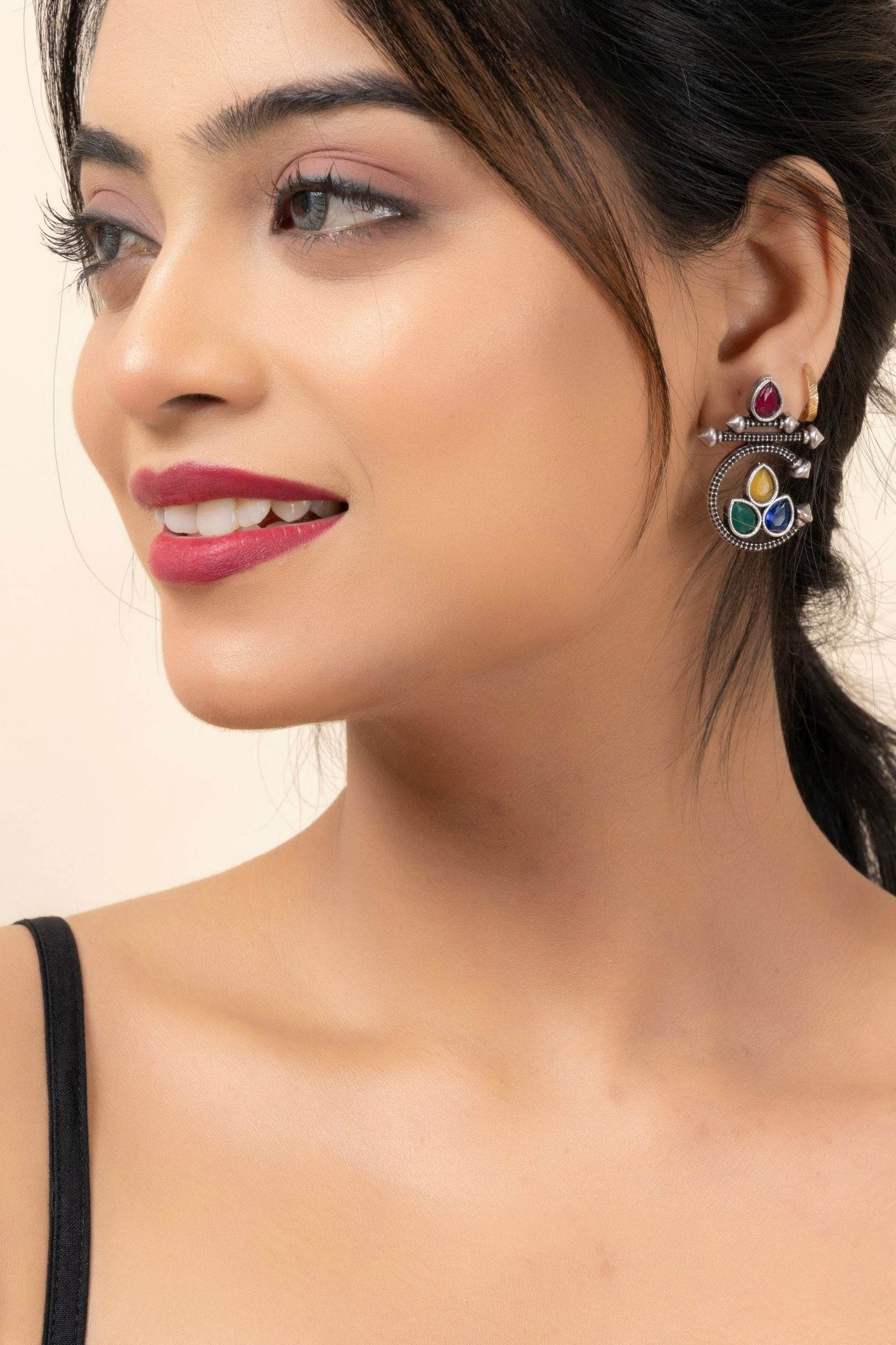Oxidized Silver Multicolor Gemstone Stud Earrings - Unique Designer Jewelry - Lookandadorn.com