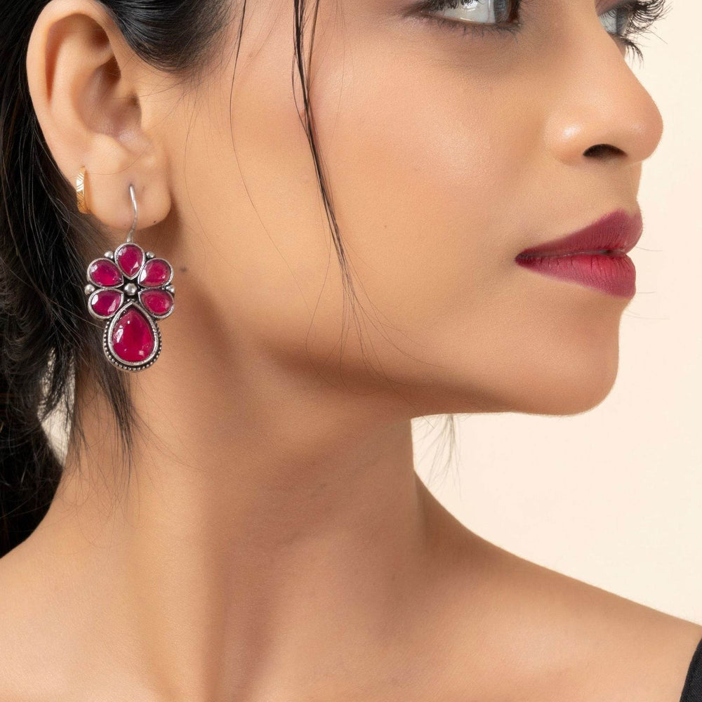 Oxidized Silver Pink Floral Stud Earrings - Elegant Design for Daily Wear & Sensitive Ears - Lookandadorn.com