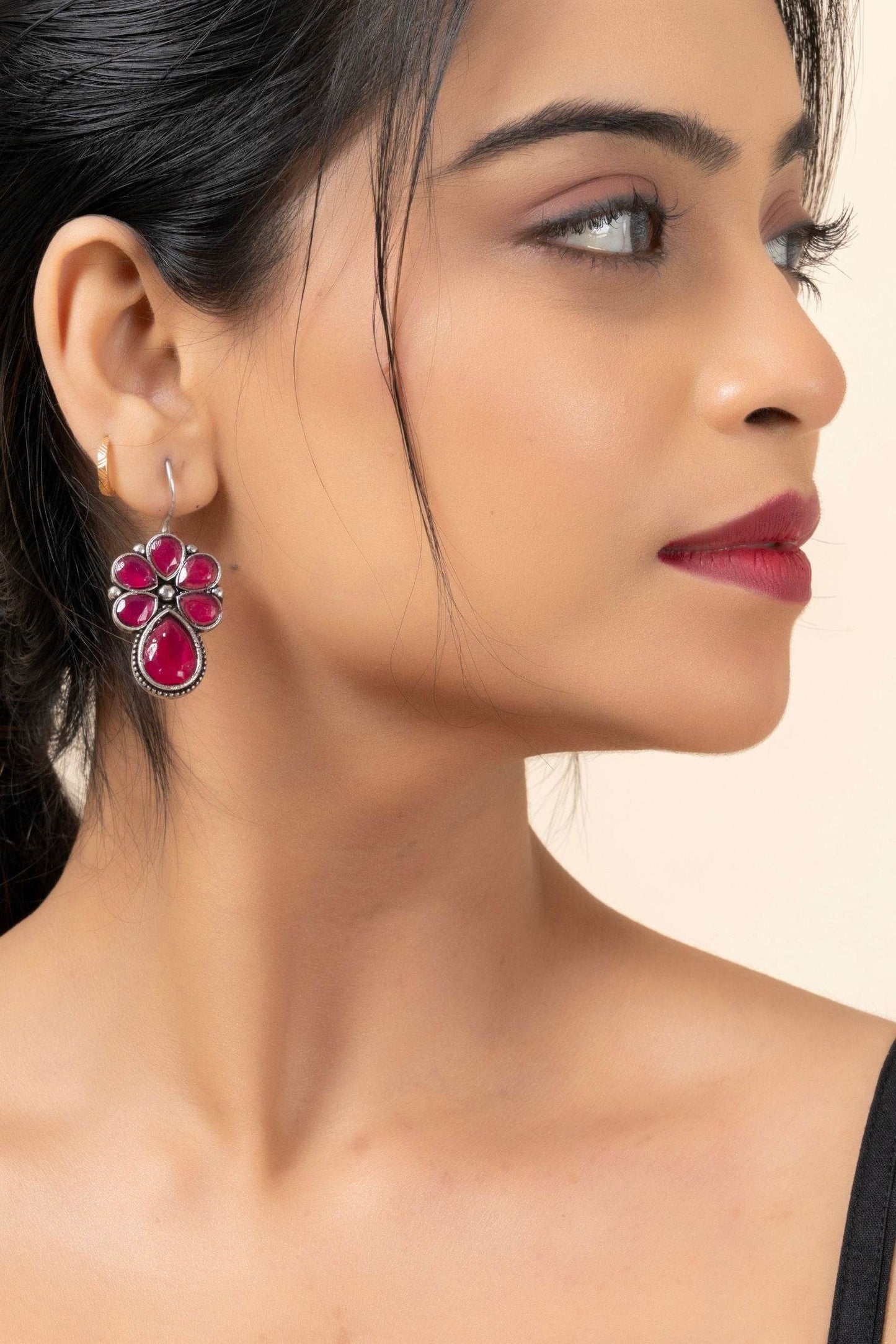 Oxidized Silver Pink Floral Stud Earrings - Elegant Design for Daily Wear & Sensitive Ears - Lookandadorn.com