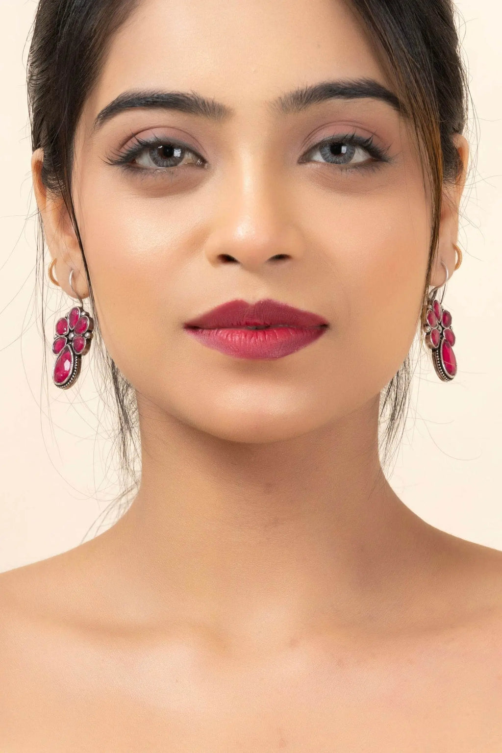 Oxidized Silver Pink Floral Stud Earrings - Elegant Design for Daily Wear & Sensitive Ears - Lookandadorn.com