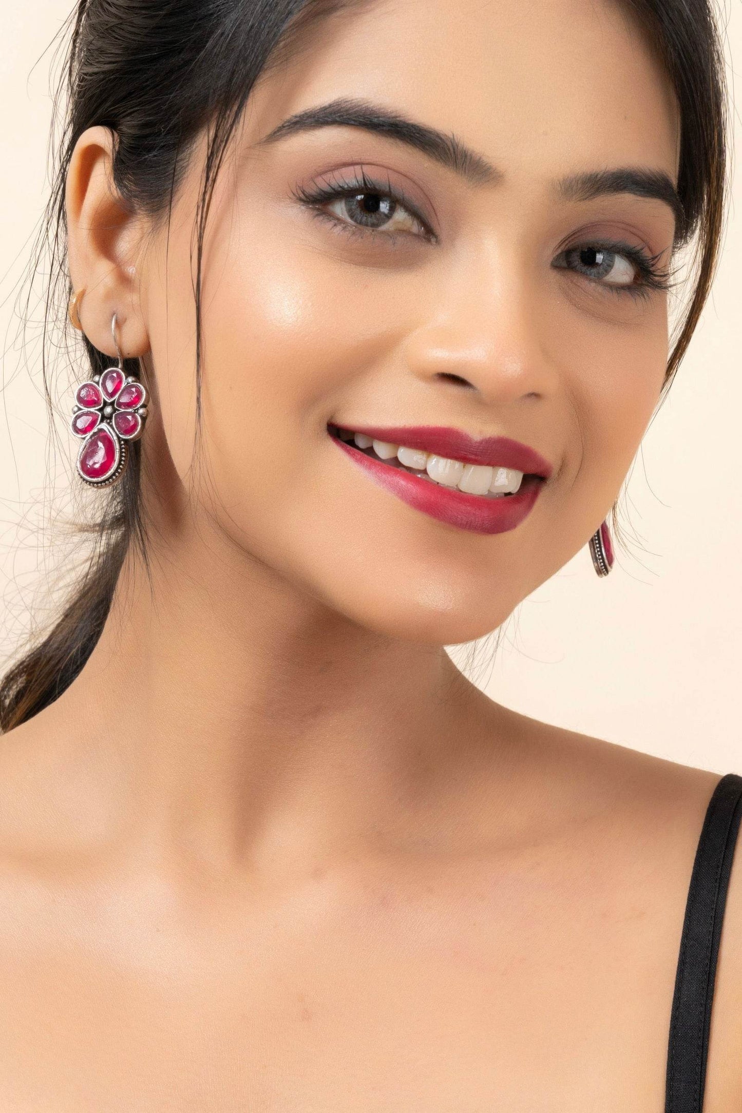 Oxidized Silver Pink Floral Stud Earrings - Elegant Design for Daily Wear & Sensitive Ears - Lookandadorn.com