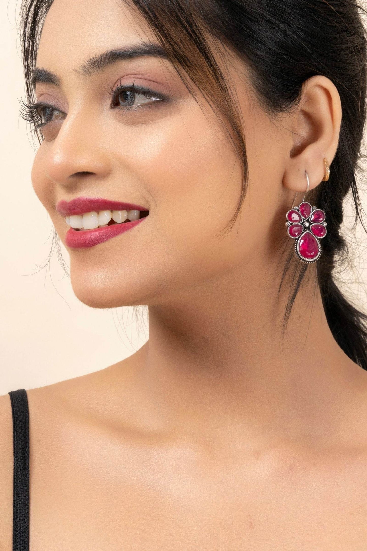 Oxidized Silver Pink Floral Stud Earrings - Elegant Design for Daily Wear & Sensitive Ears - Lookandadorn.com