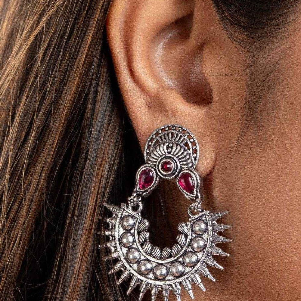 Oxidized Silver Pink Stud Chandbali Earrings - Non-Allergic, Ideal for All Occasions - Lookandadorn.com