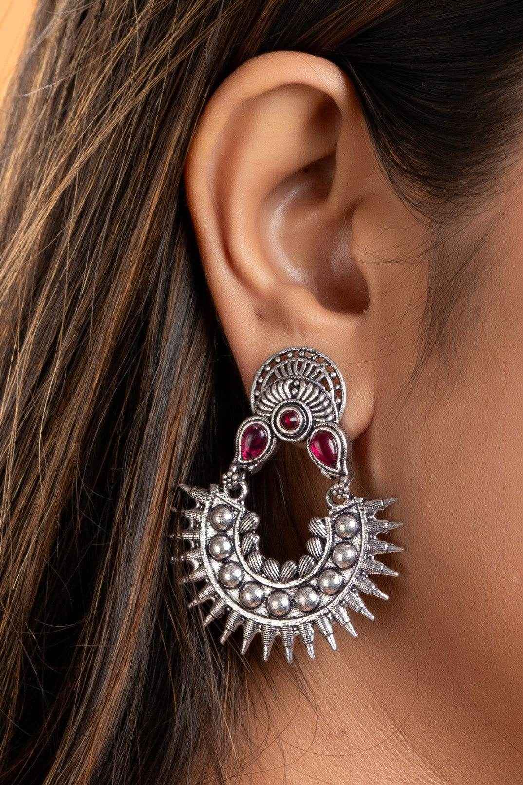 Oxidized Silver Pink Stud Chandbali Earrings - Non-Allergic, Ideal for All Occasions - Lookandadorn.com